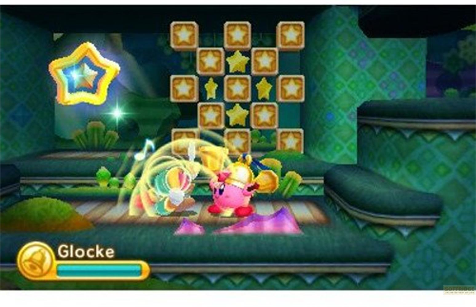 Kirby w różowym stroju ze złotym hełmem walczy z żółto-zieloną postacią w tętniącym życiem świecie gry.