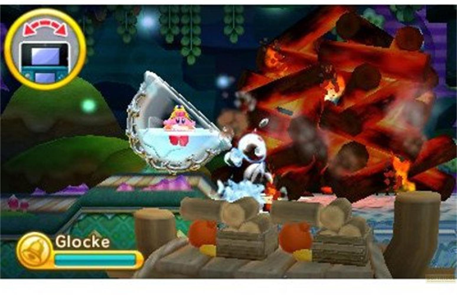 Kirby w misce na palącym się stosie kłód