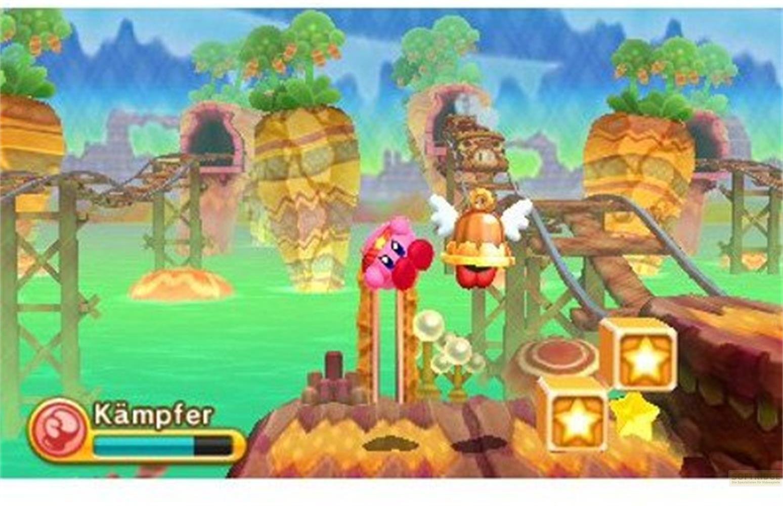Kirby na kolejce górskiej z dzwonkiem i gwiazdkami.