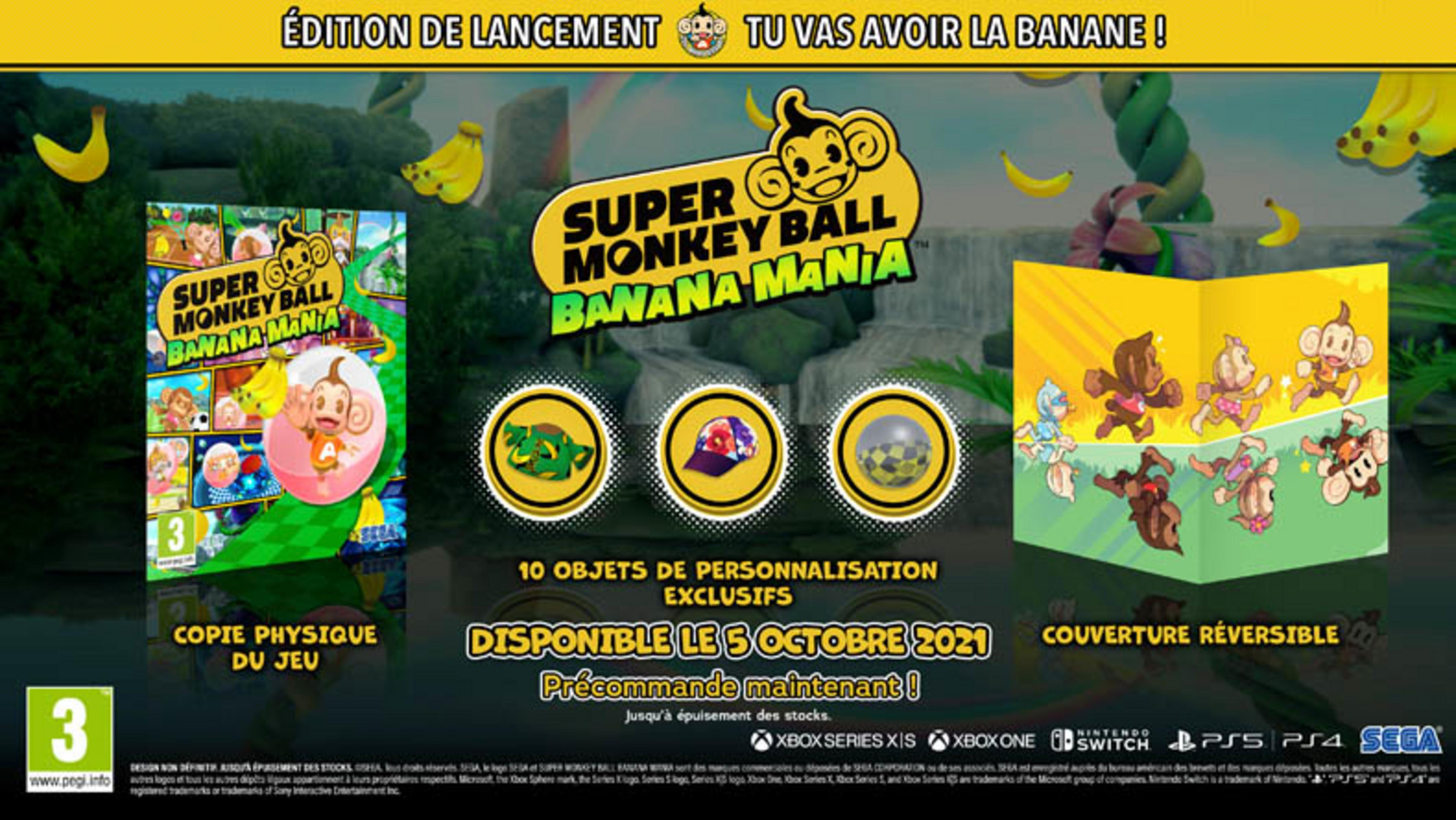 Reklama Super Monkey Ball Banana Mania z okładką gry, ekskluzywnymi przedmiotami i odwracalną okładką.