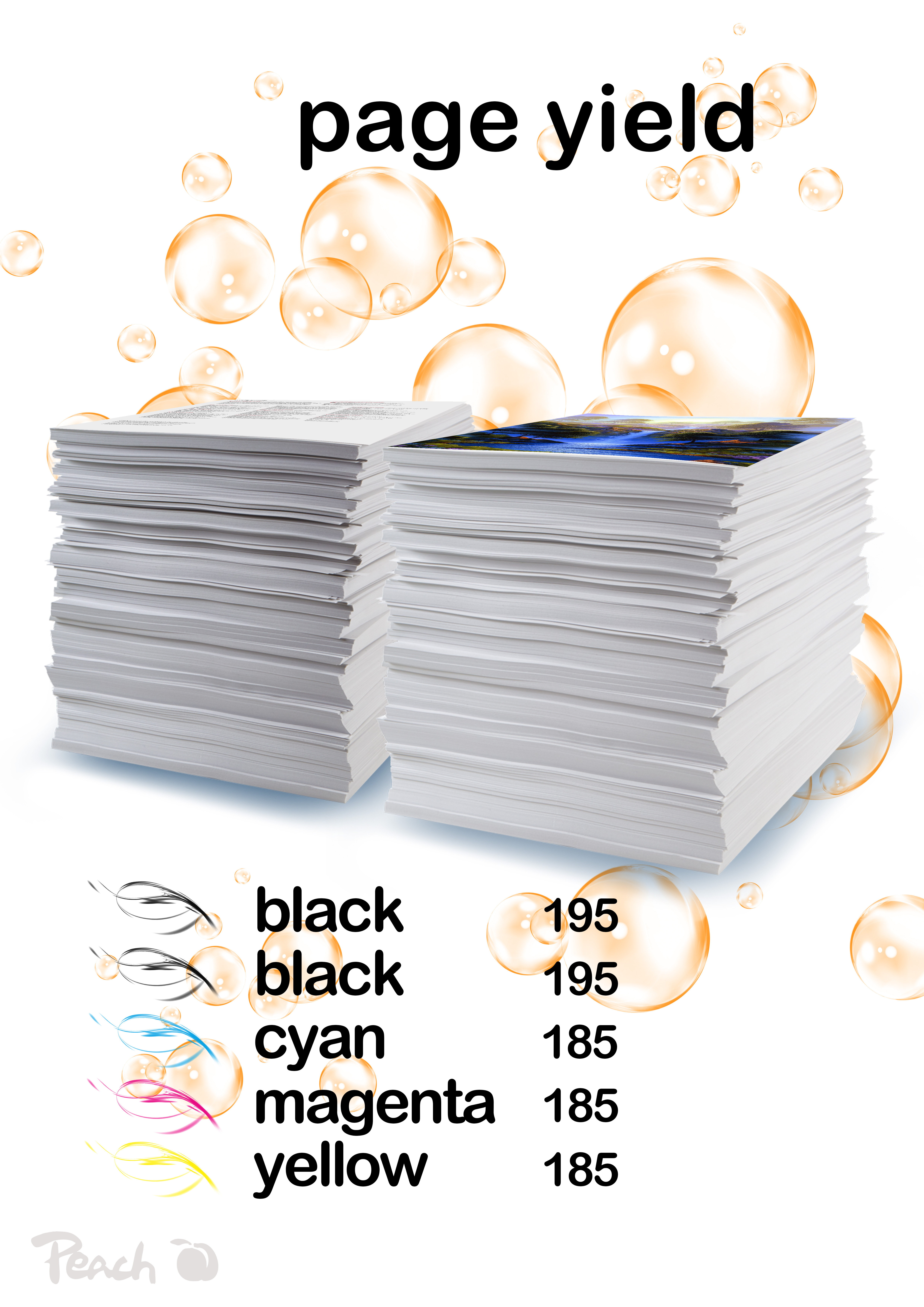 Deux piles de papier avec texte "page yield", bulles et noms de couleurs (noir, cyan, magenta, jaune).