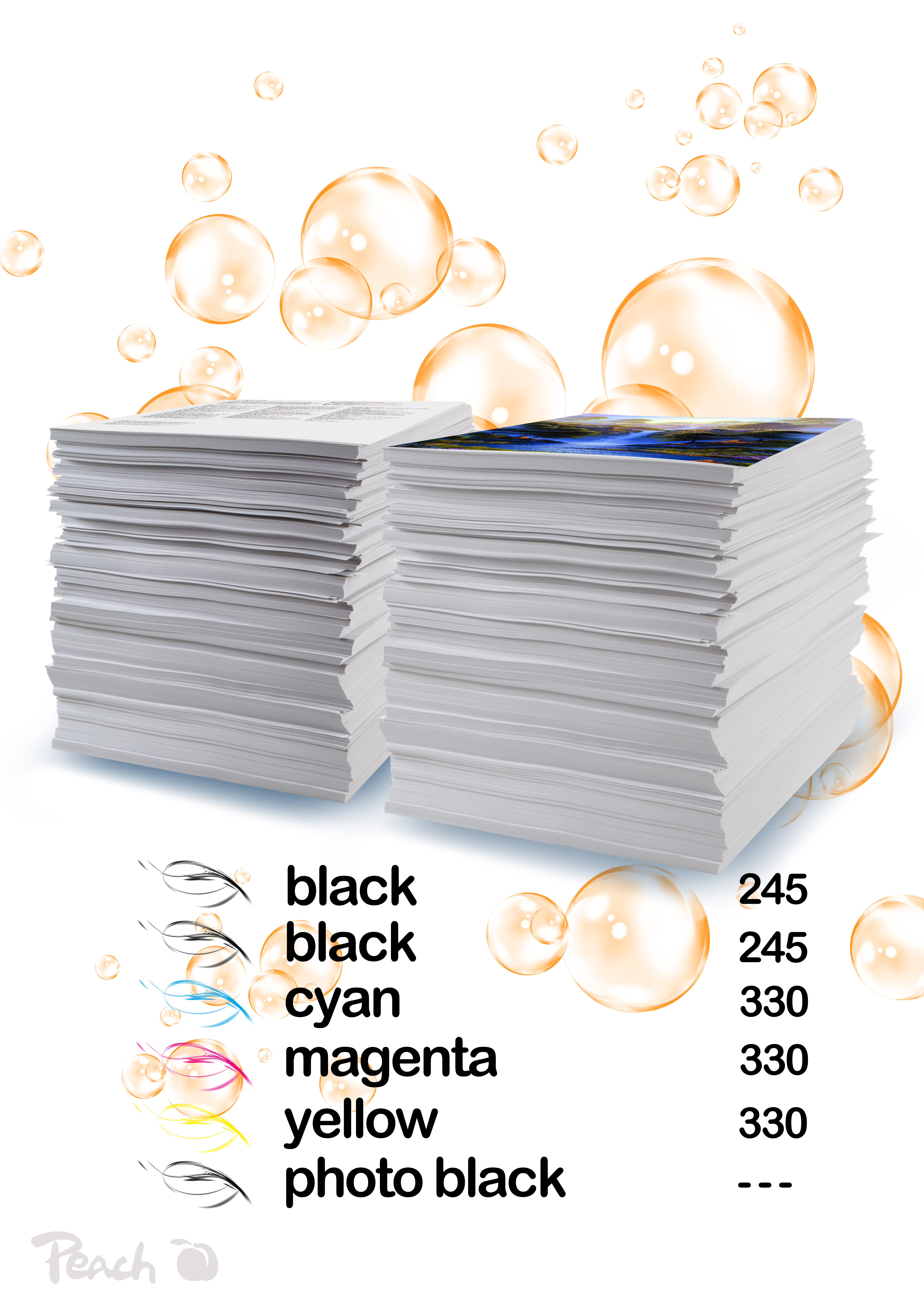 Deux piles de papier blanc, une avec une image, à côté de noms de couleurs et de chiffres.