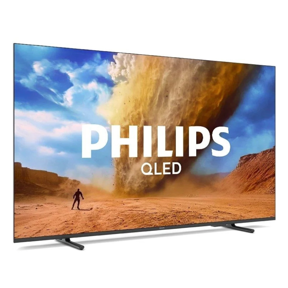 Mężczyzna stoi przed burzą piaskową na ekranie telewizora Philips QLED.