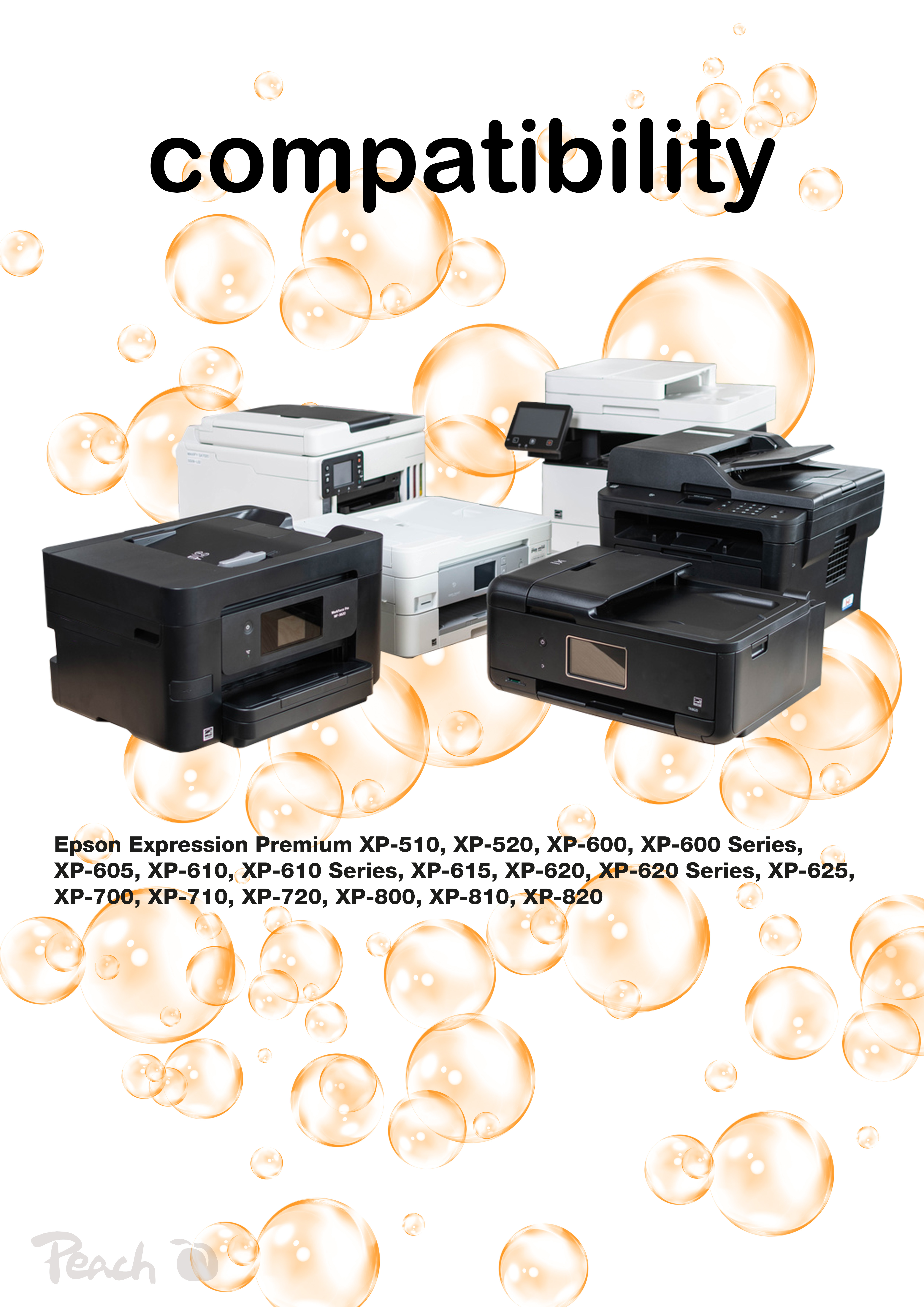 Mehrere Epson-Drucker und der Text Kompatibilität auf weißem Hintergrund.