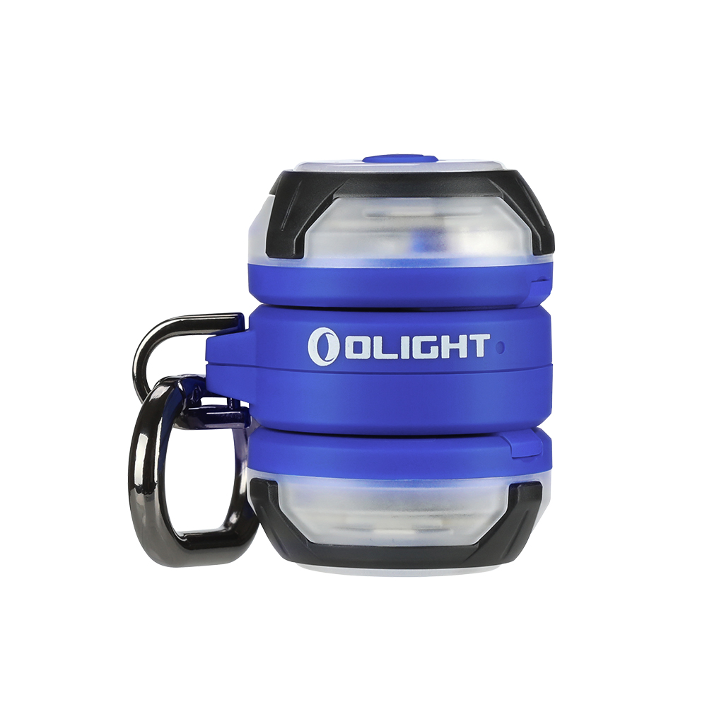 Una linterna azul Olight con un clip de mosquetón plateado.