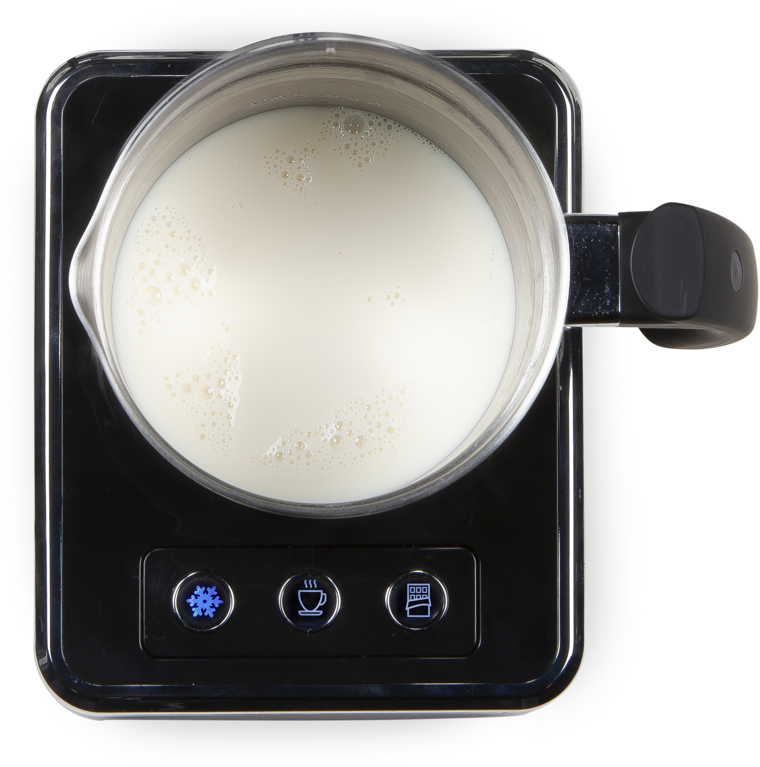 A milk frother with a pot of milk and bubbles on a black base.