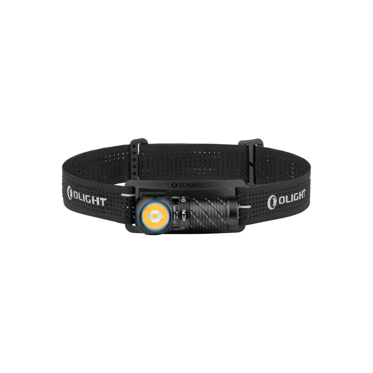 Una cinta para la cabeza negra con logos de Olight y una linterna frontal en el centro.