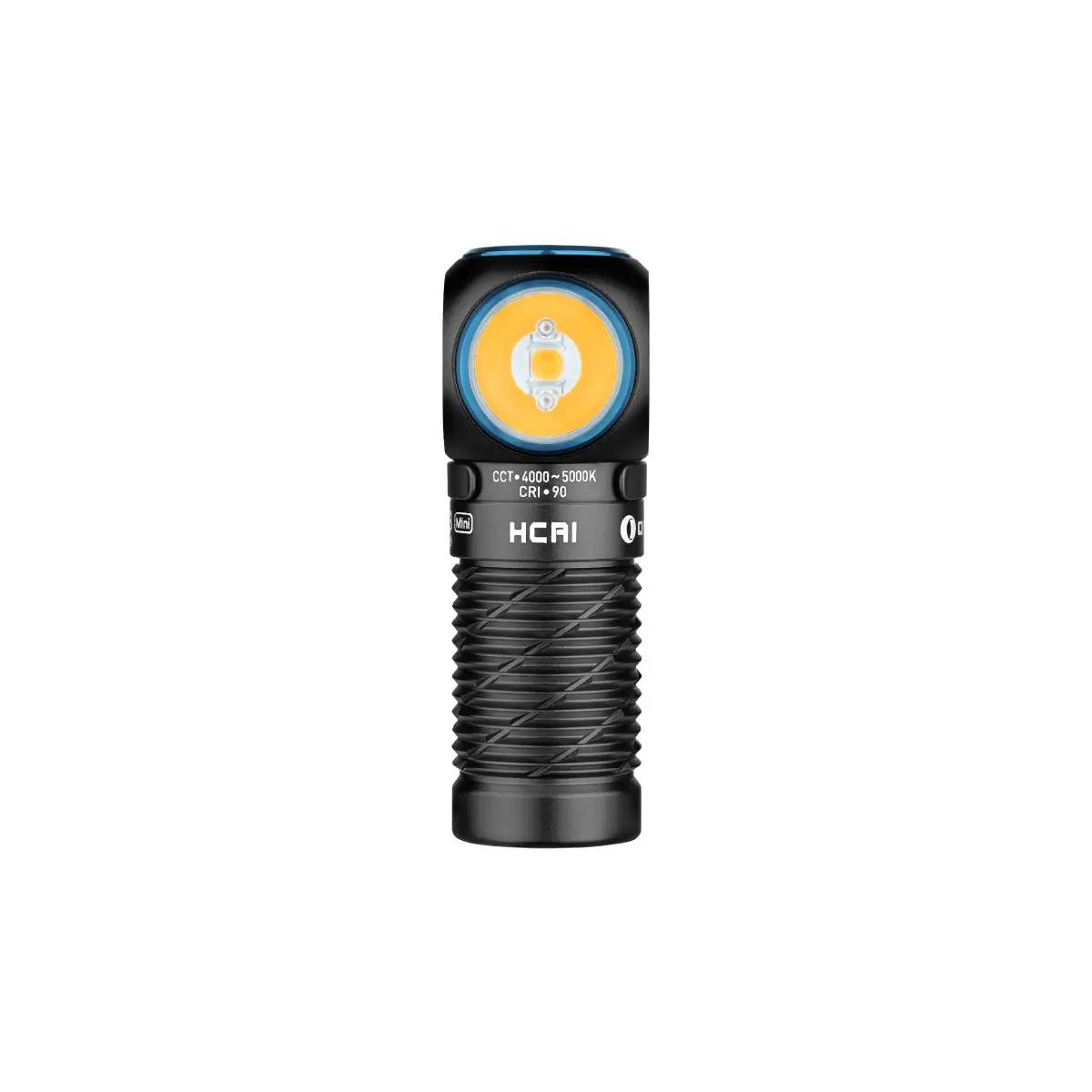 Linterna negra compacta con anillo azul y luz LED brillante. Etiquetada HCRI.