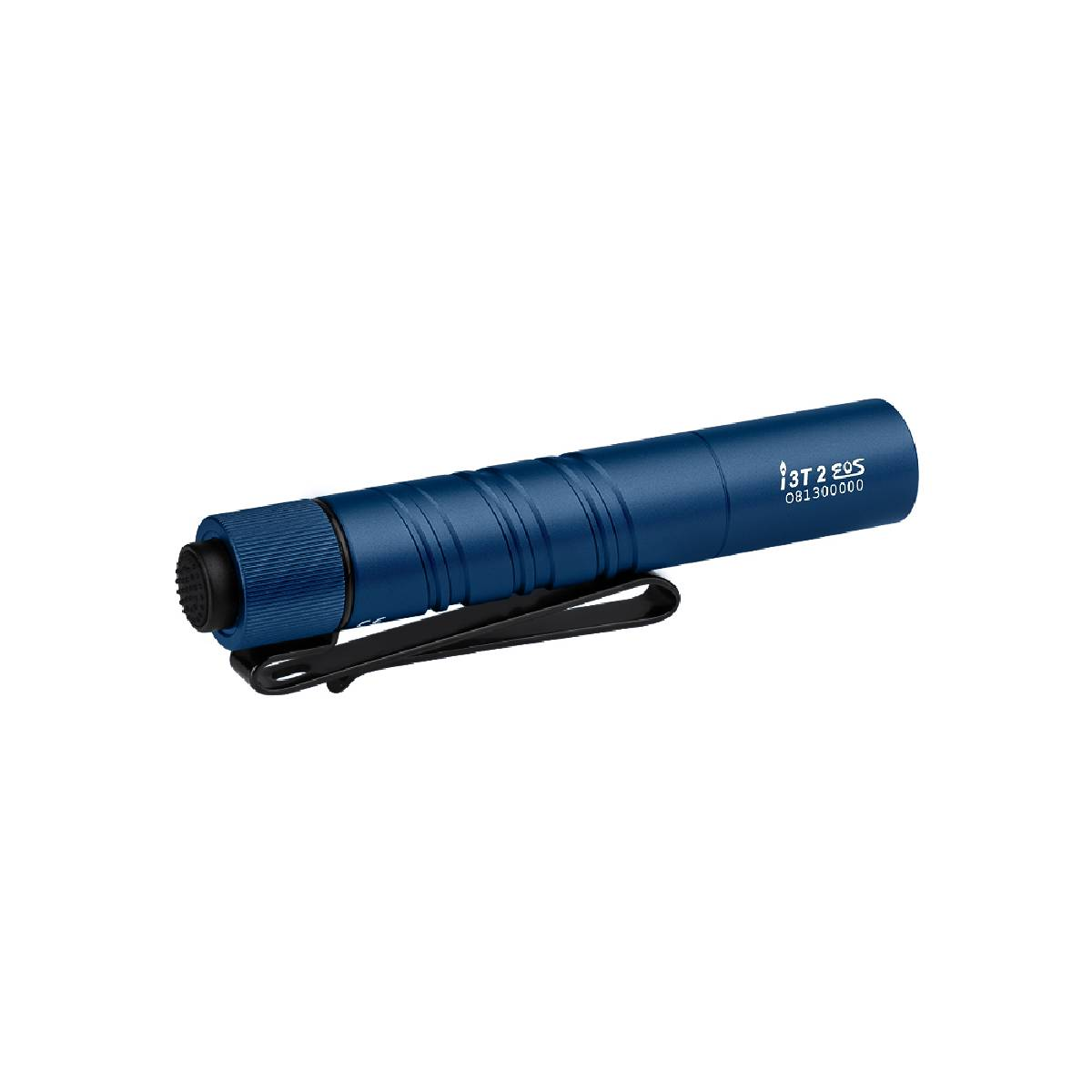 Una linterna azul elegante con clip negro y agarre moleteado. Etiquetada 'i3T 2 EOS'.