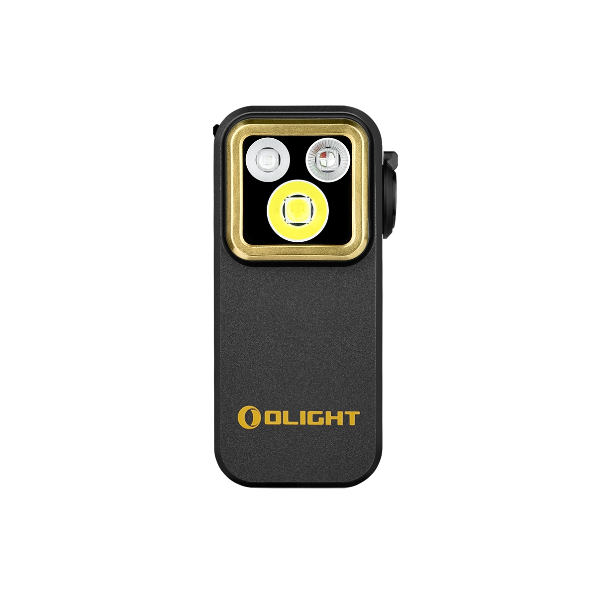 Schwarze Taschenlampe mit drei LEDs und goldenem Rahmen, OLIGHT-Logo.