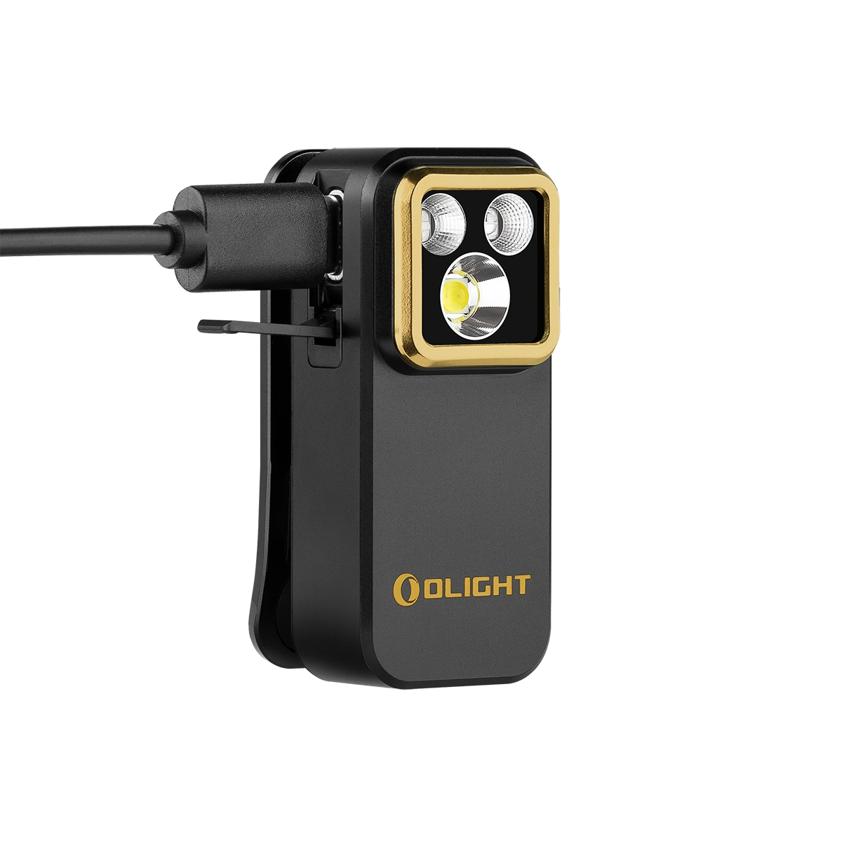 Schwarze Olight-Taschenlampe mit Ladeanschluss und drei LEDs, goldener Rahmen.