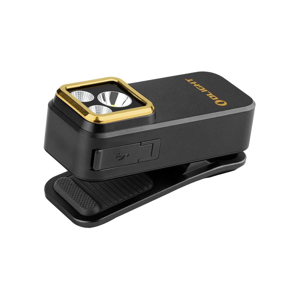 Schwarze Stirnlampe mit goldenem Rand, drei LEDs und USB-Anschluss.