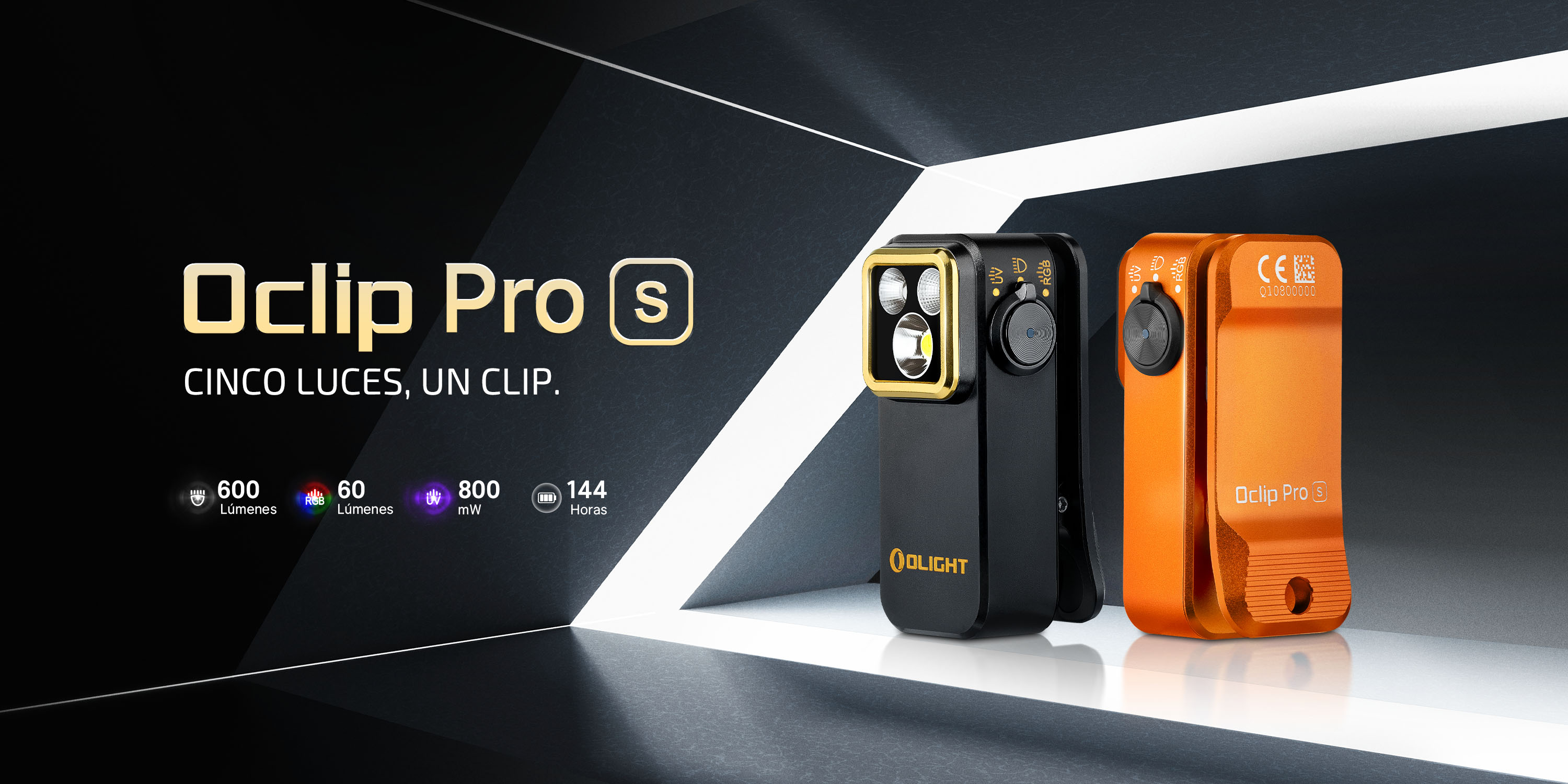 Dos linternas Olight Oclip Pro S, negra y naranja, con especificaciones.