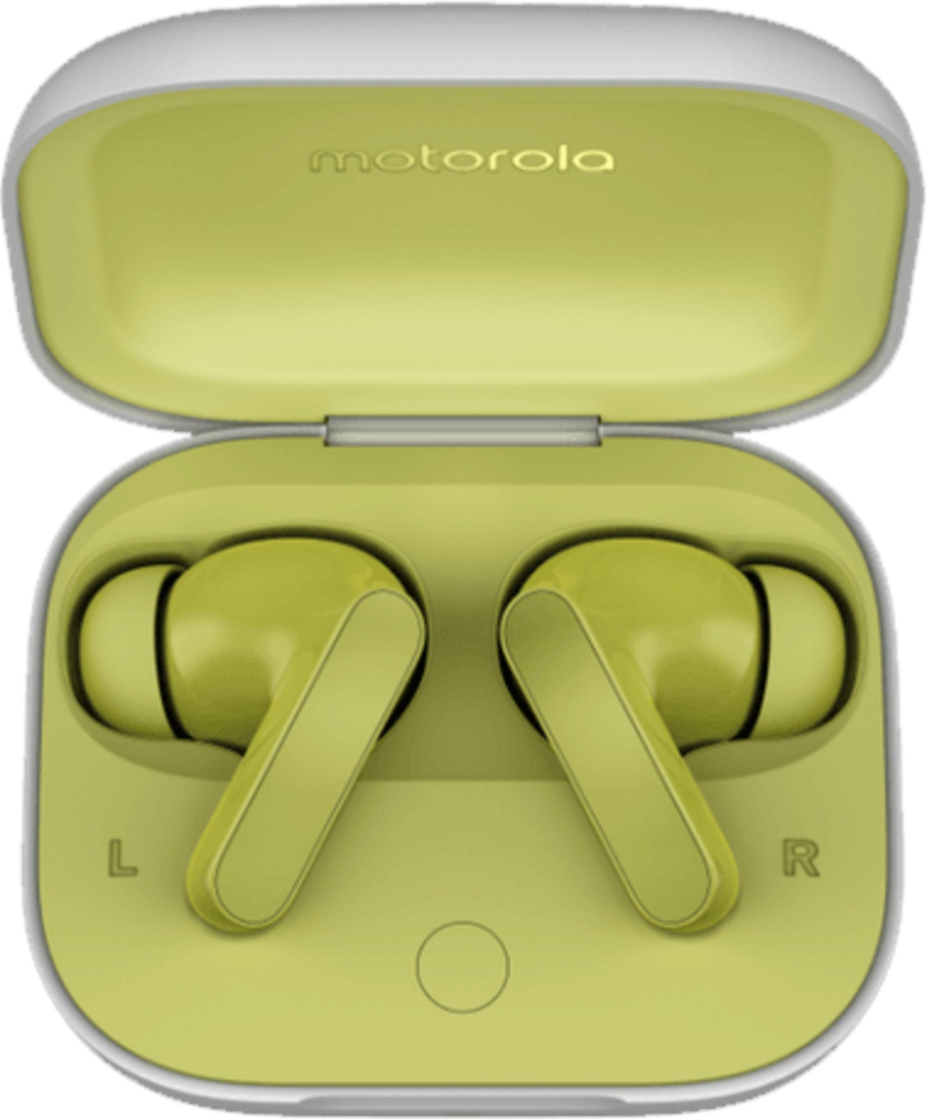 Écouteurs Motorola jaunes dans un étui de chargement ouvert. Indicateurs L et R visibles.