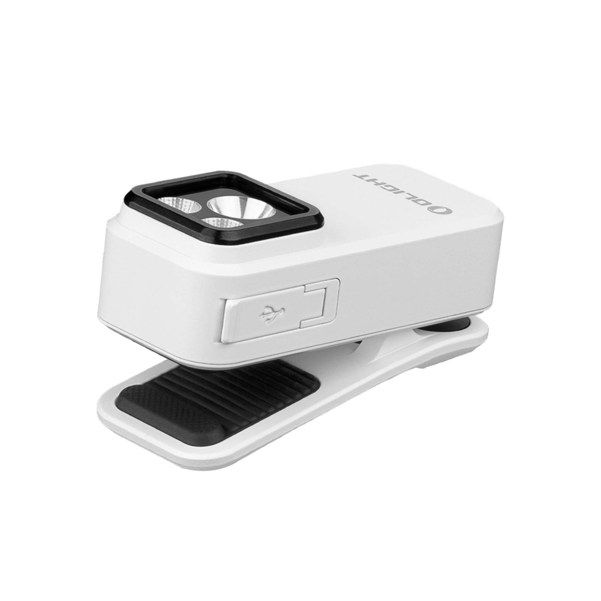 Faro blanco con bisel negro y puerto USB, sobre fondo blanco.