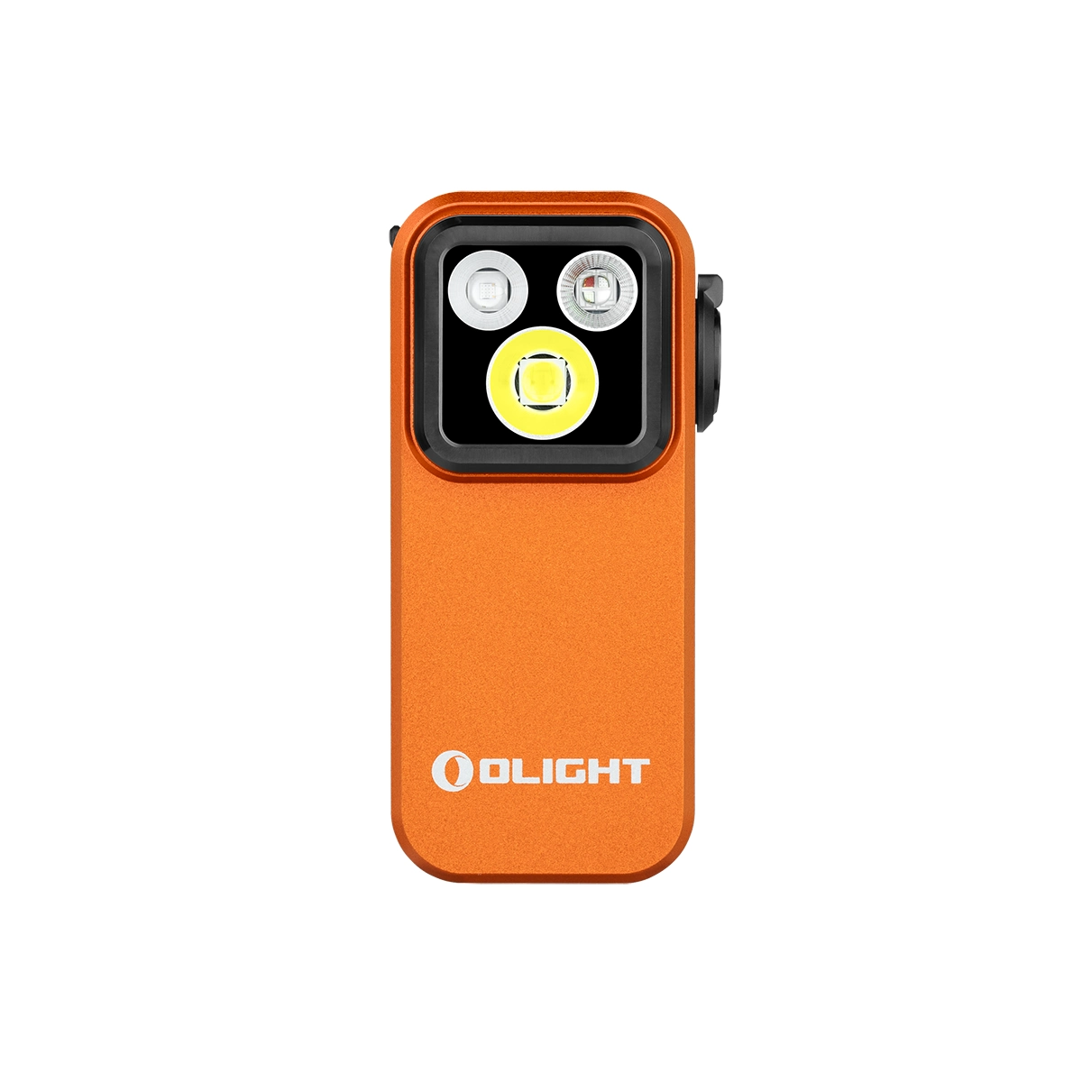 Linterna naranja con tres LEDs y el logo de Olight.