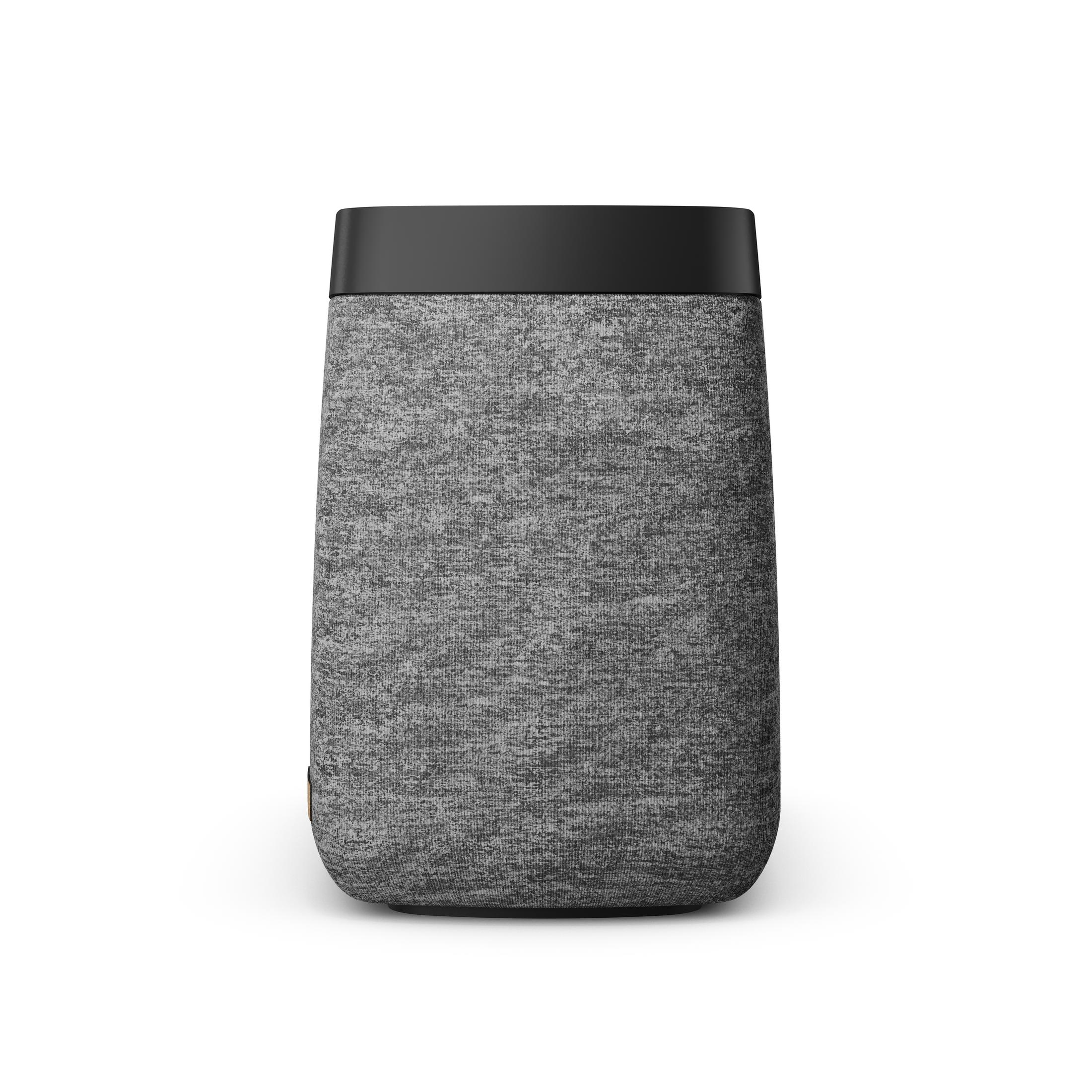 Gray fabric speaker with a black top, isolated on a white background.