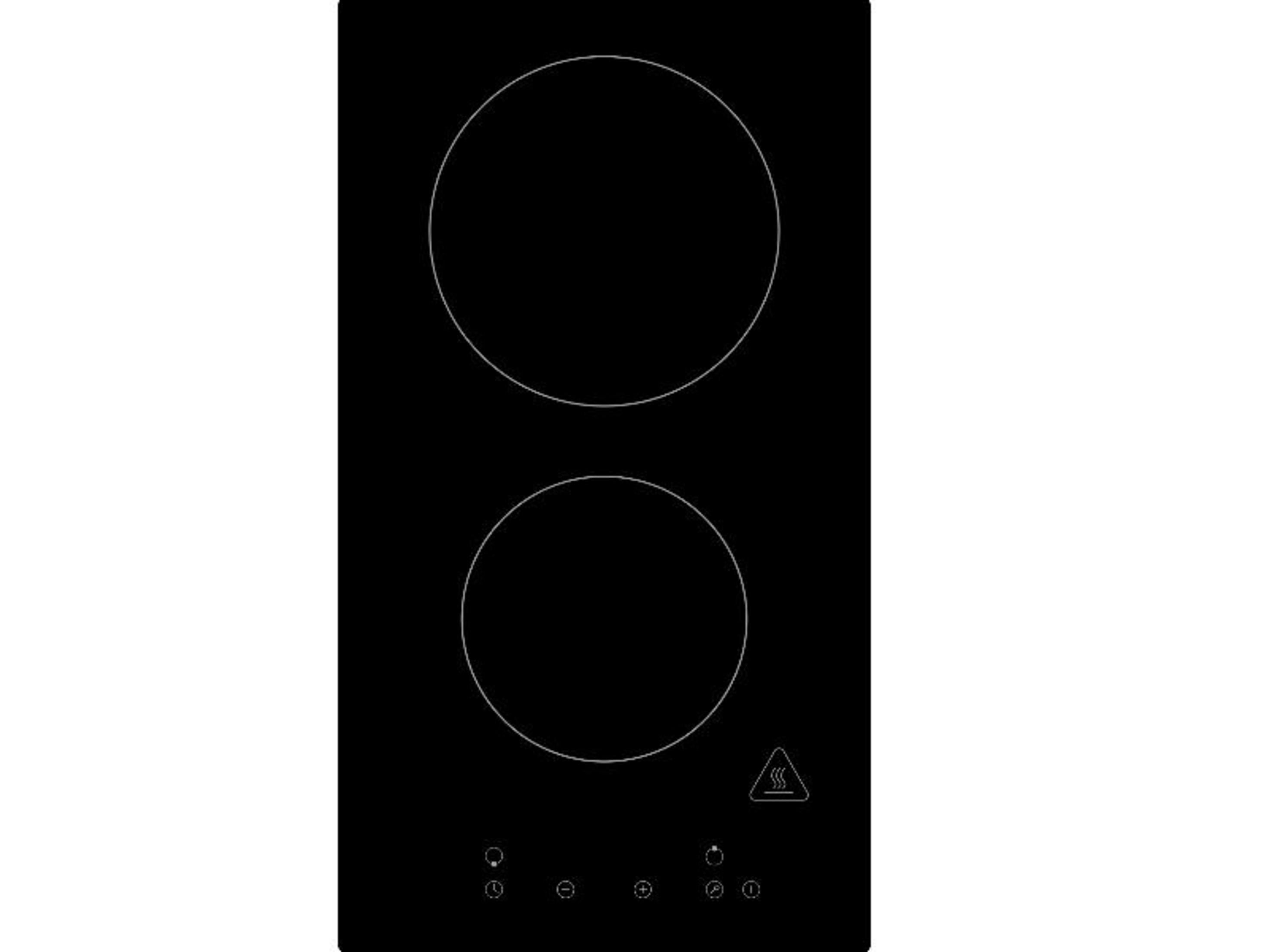 Black electric hob with two round cooking zones and control buttons.
