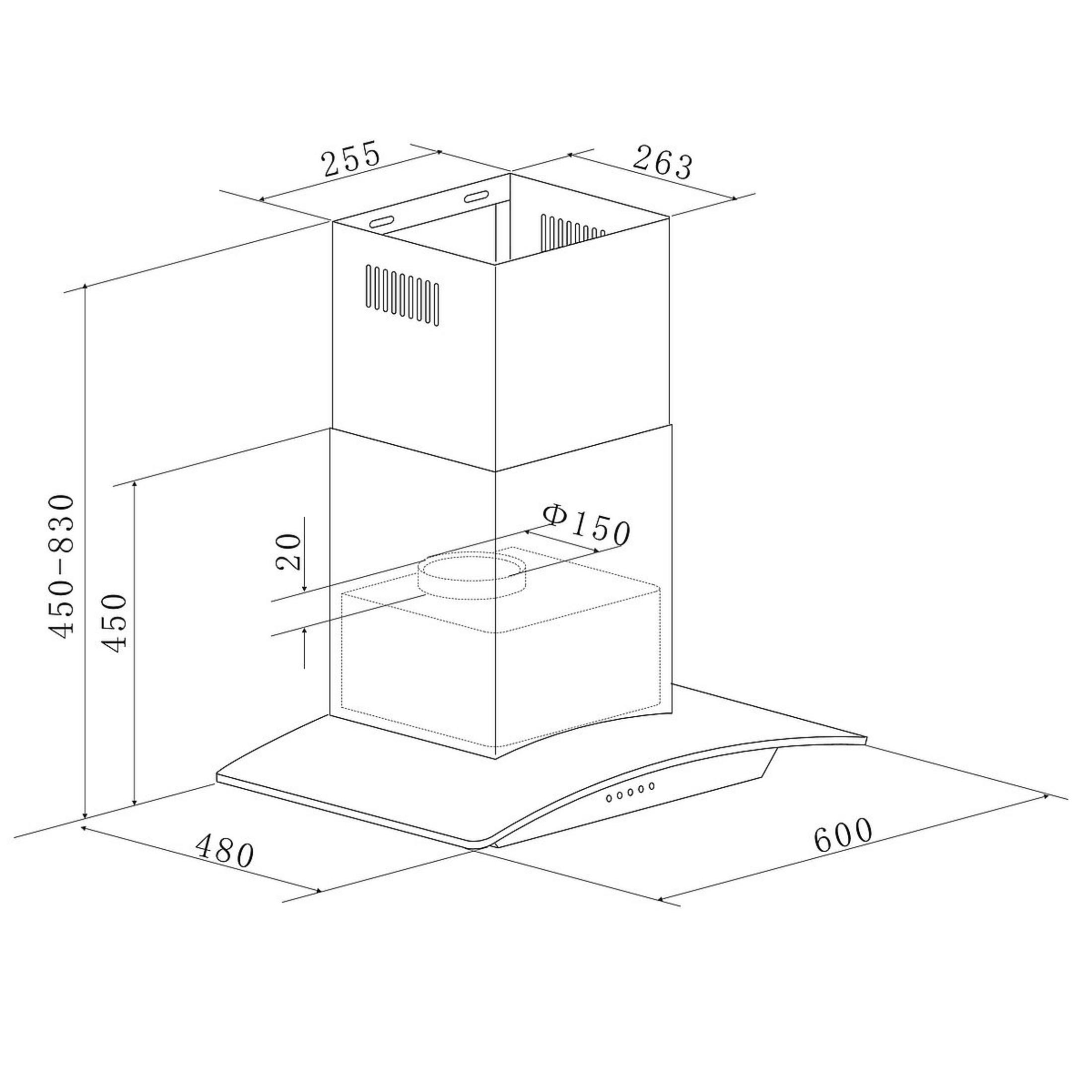 Technical drawing of a kitchen hood with dimensions. Shows height, width, and diameter.