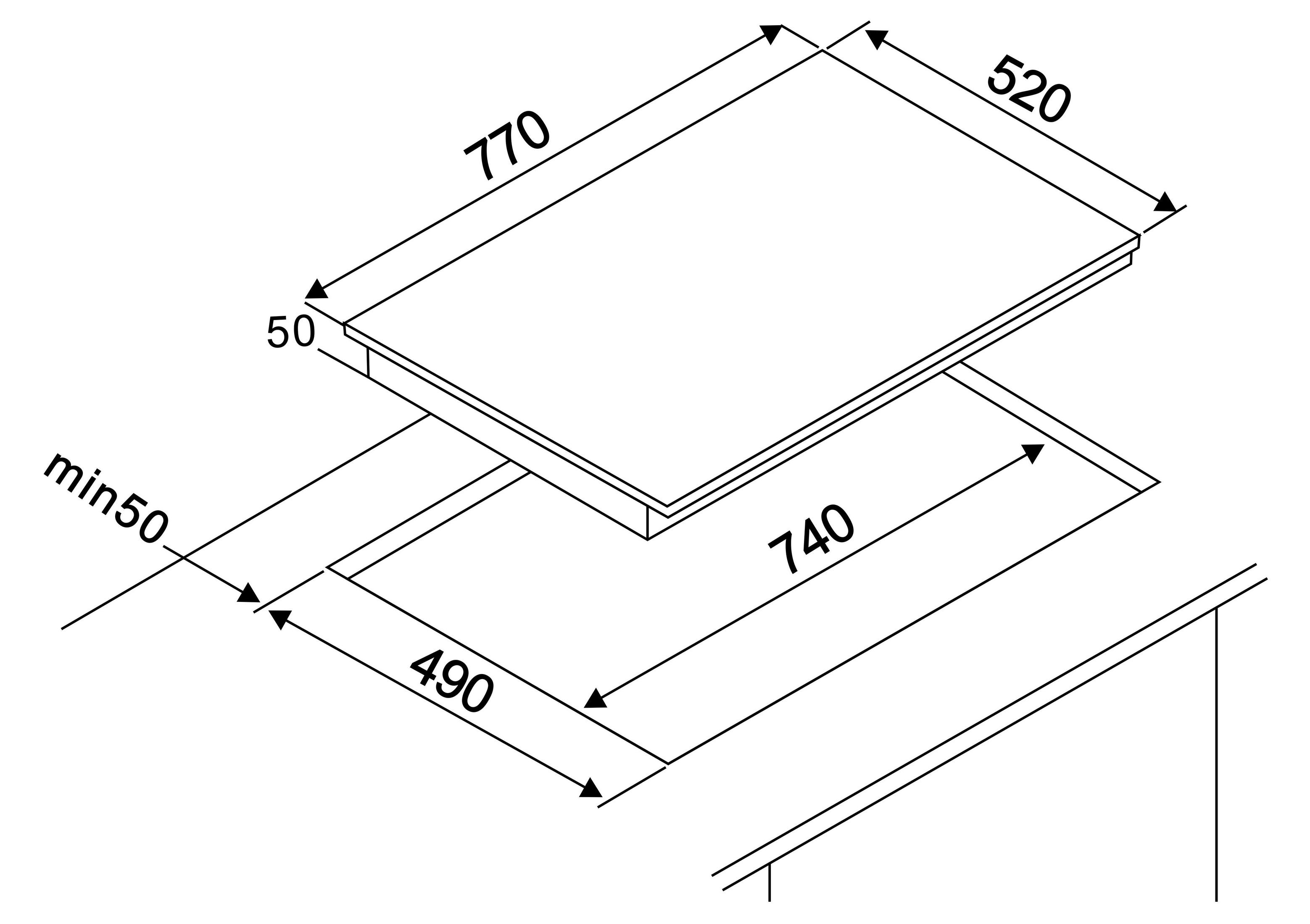 Technische Zeichnung eines Kochfelds mit Maßen: 770x520 mm, Ausschnitt 740x490 mm, Dicke 50 mm.