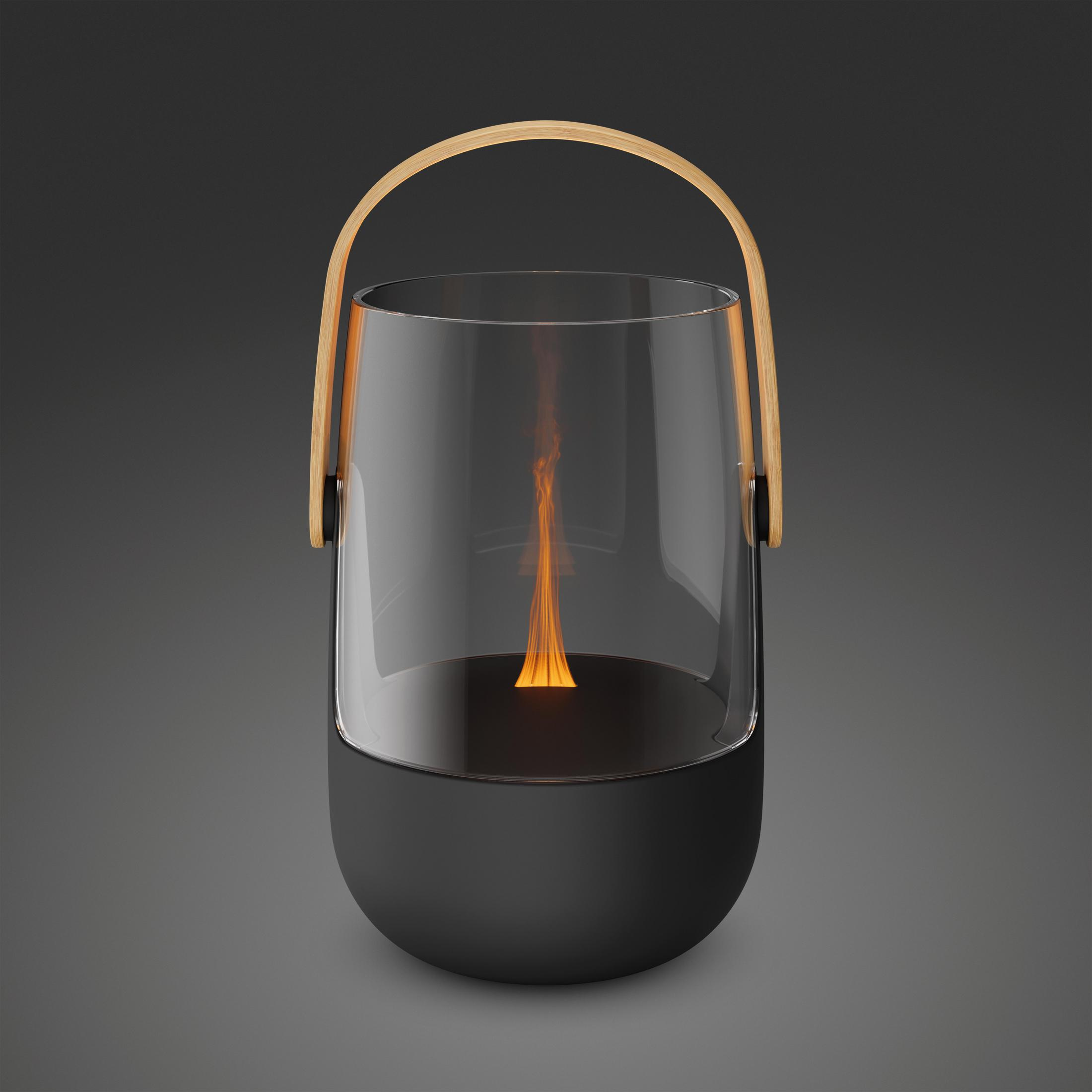 Black lantern base with glass cylinder and wood handle. Flame inside.