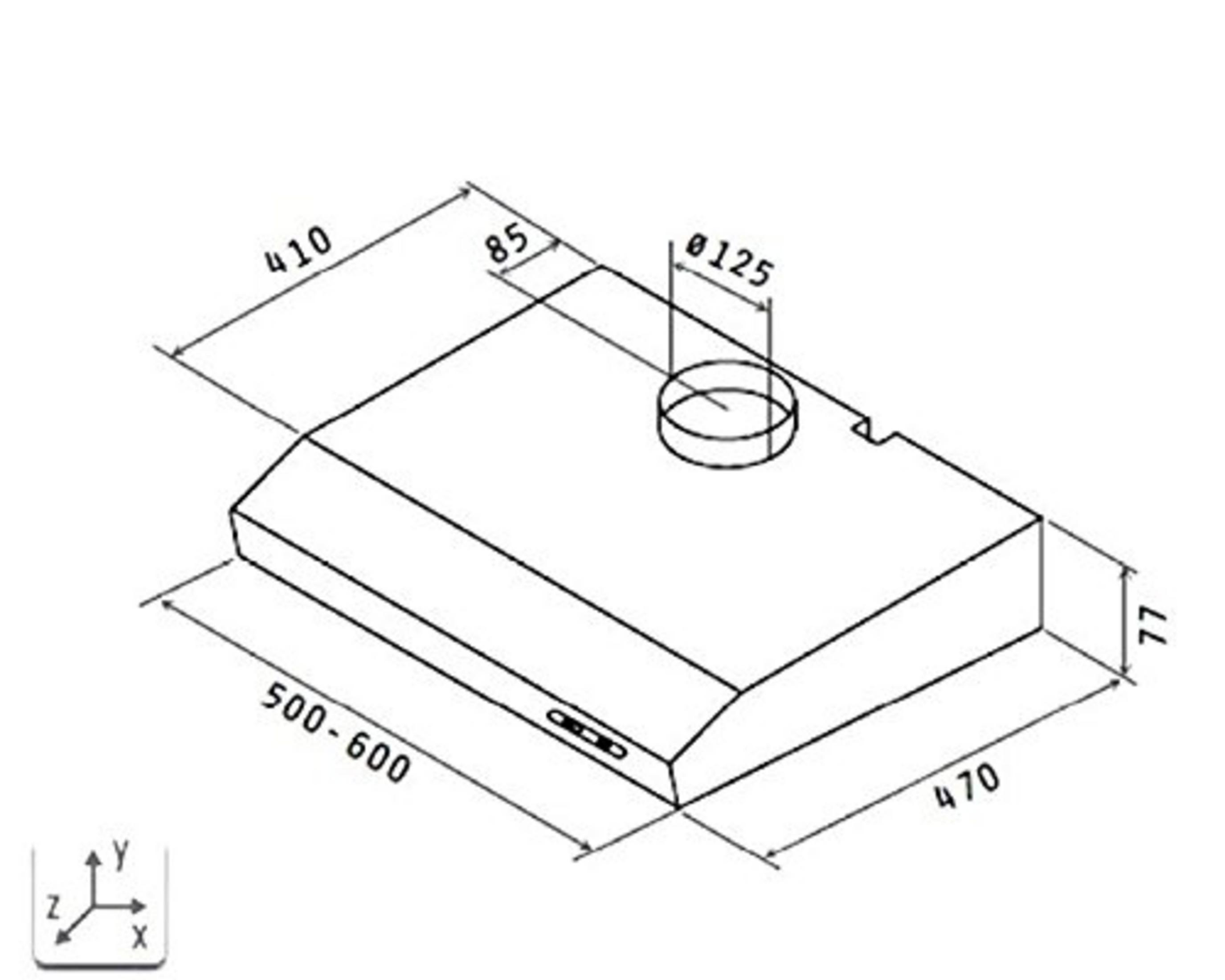 Technical drawing of a range hood with dimensions: 410, 85, 125, 500-600, 470, 77.