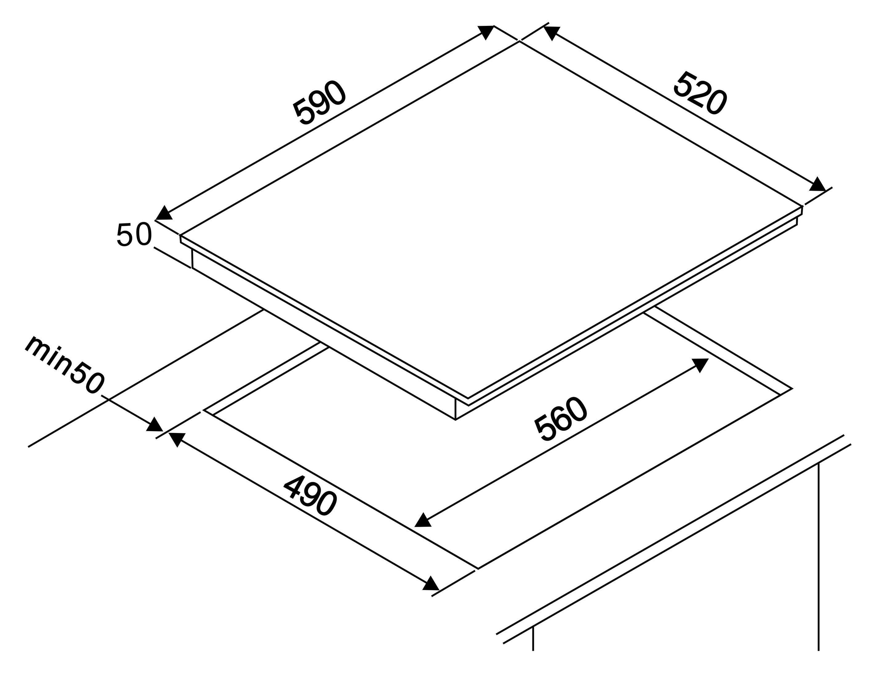 Technical drawing of a stovetop with dimensions.