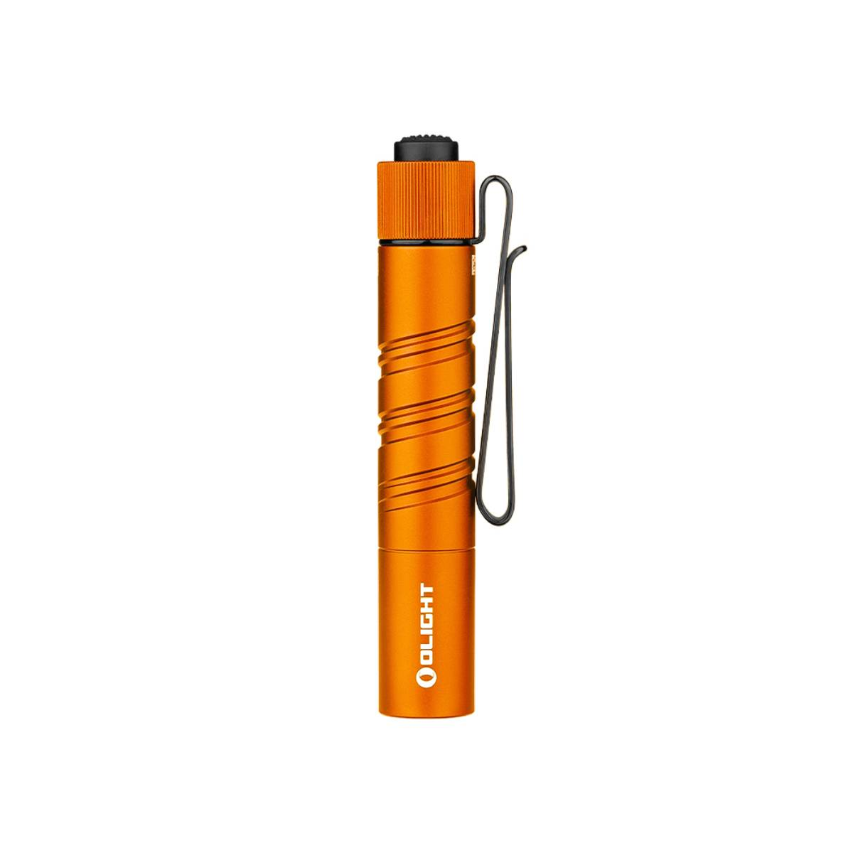 Linterna naranja con estrías y un clip.