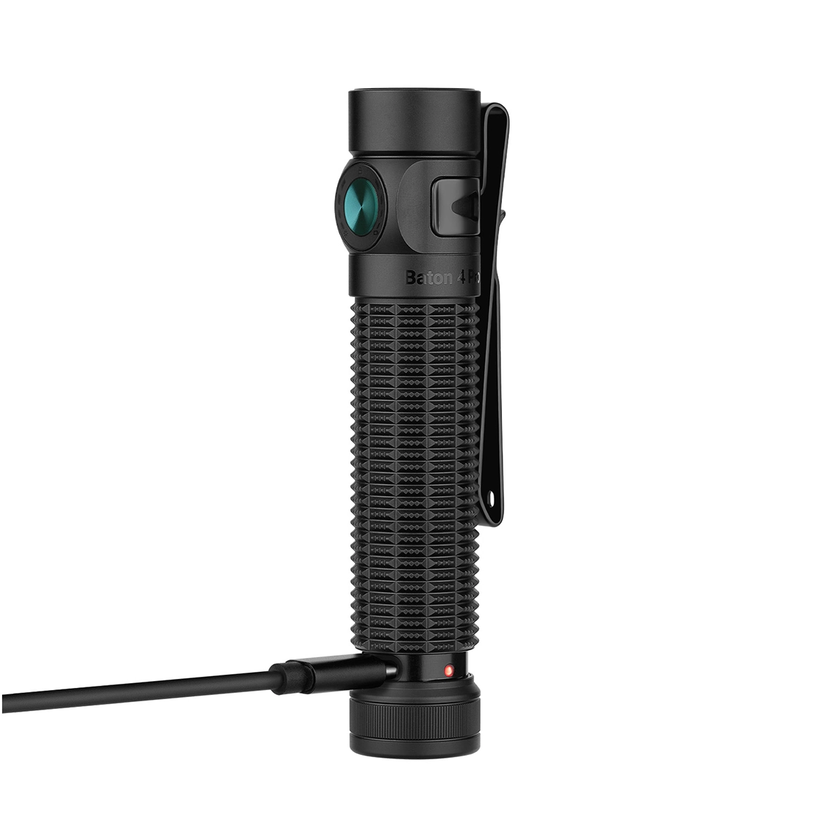 Linterna negra con clip, conectada a un cable de carga.