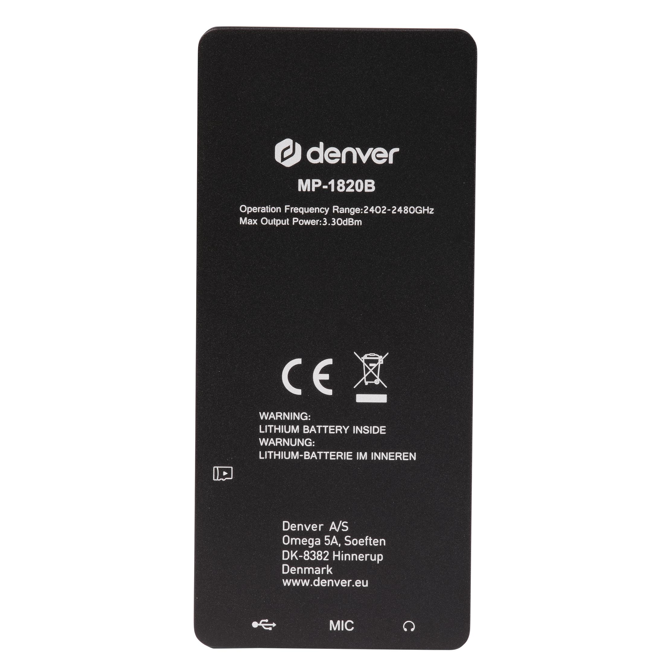 Black Denver MP-1820B device with CE mark and battery warning.
