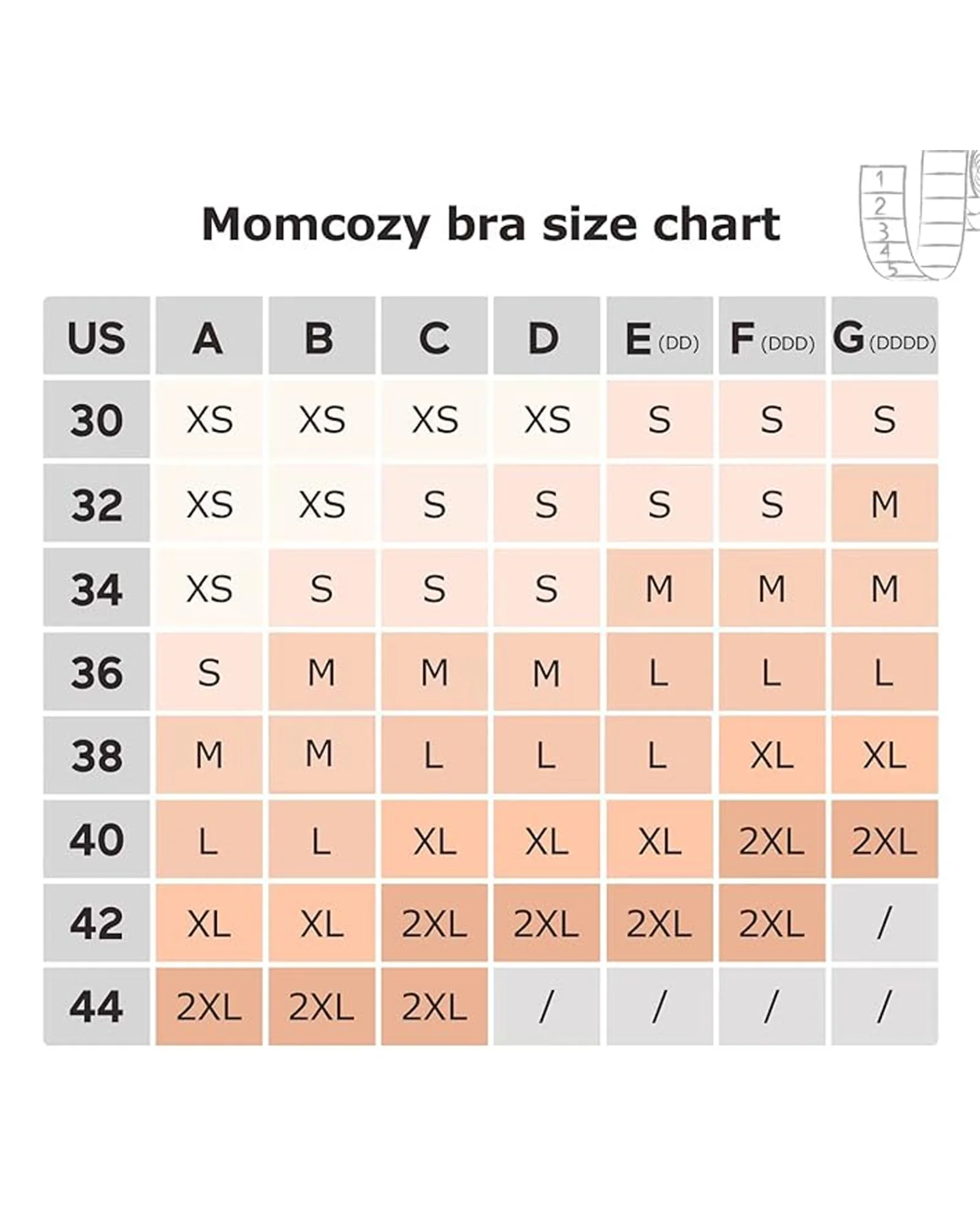 Tabla de tallas de sujetador Momcozy con tallas US, copas A-G y tallas XS-2XL.