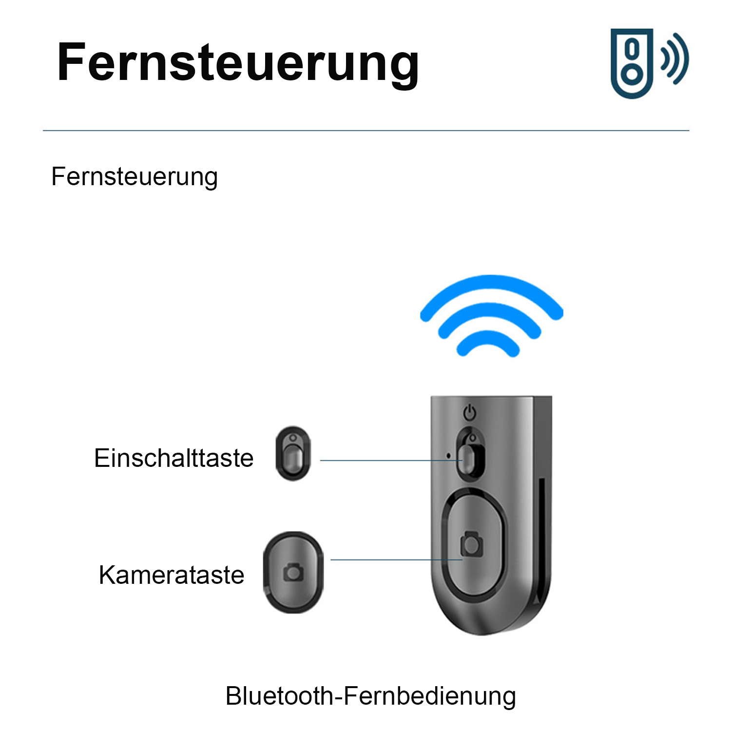 Eine graue Bluetooth-Fernbedienung mit Ein-/Aus- und Kameratasten.