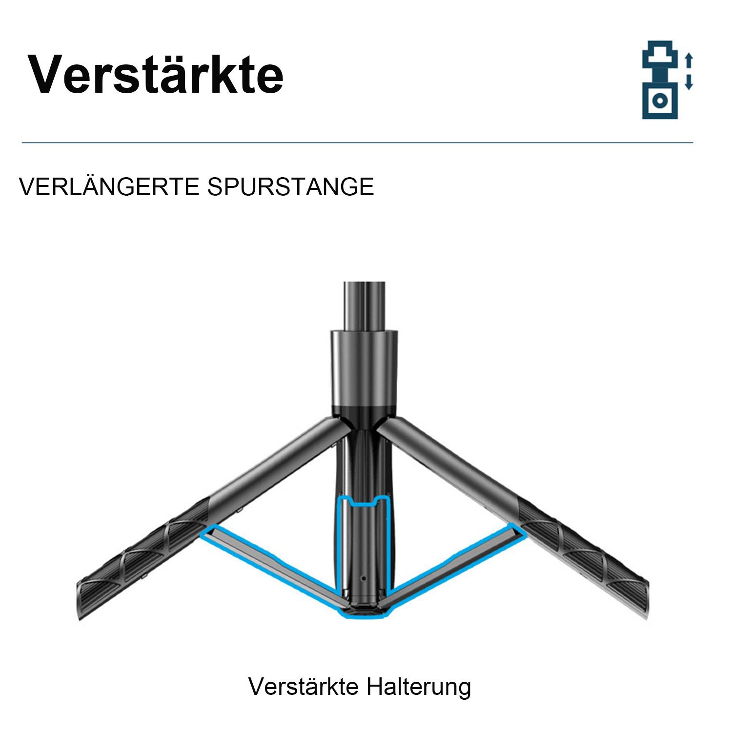 Verstärkte Halterung mit drei ausklappbaren Beinen.