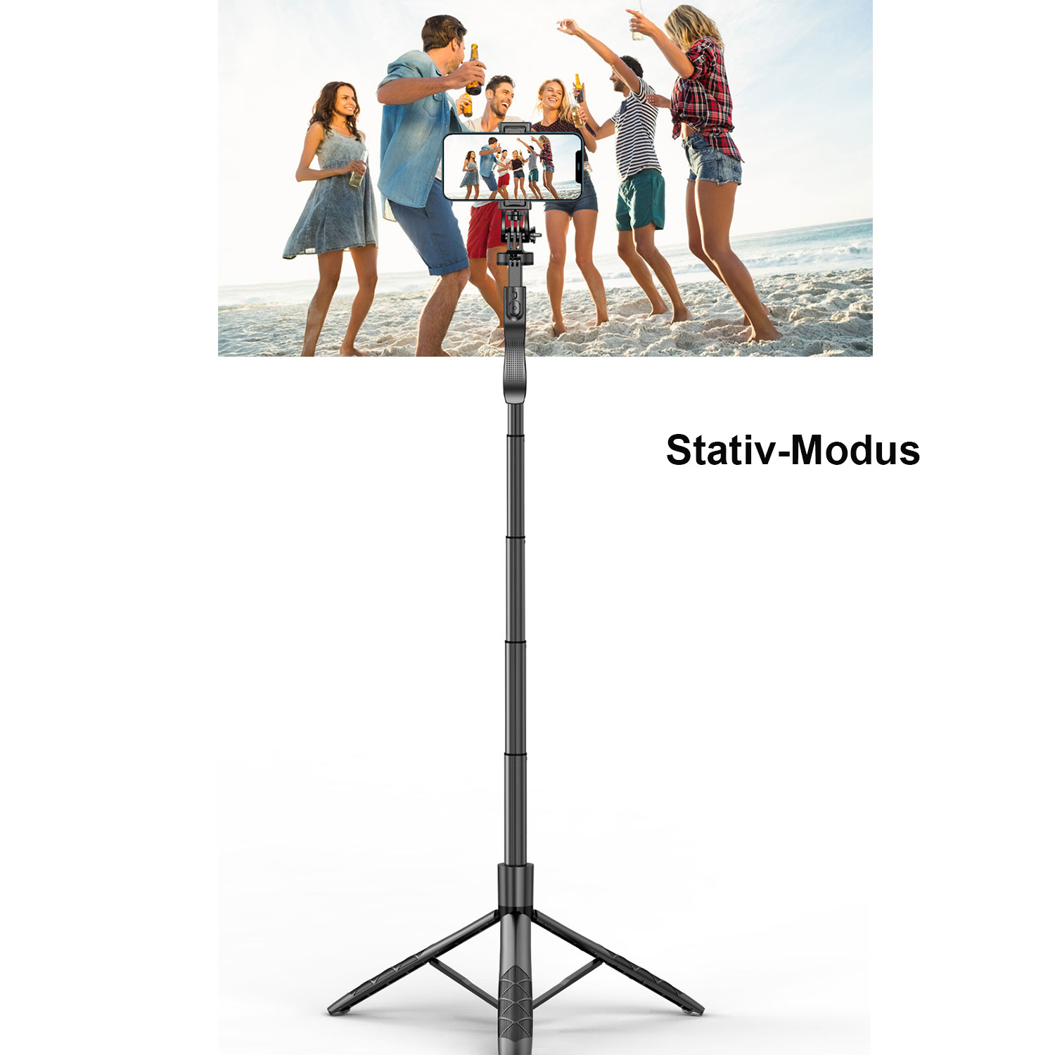 Eine Gruppe von Freunden feiert am Strand, während ein Selfie-Stick mit Telefon aufgestellt ist.