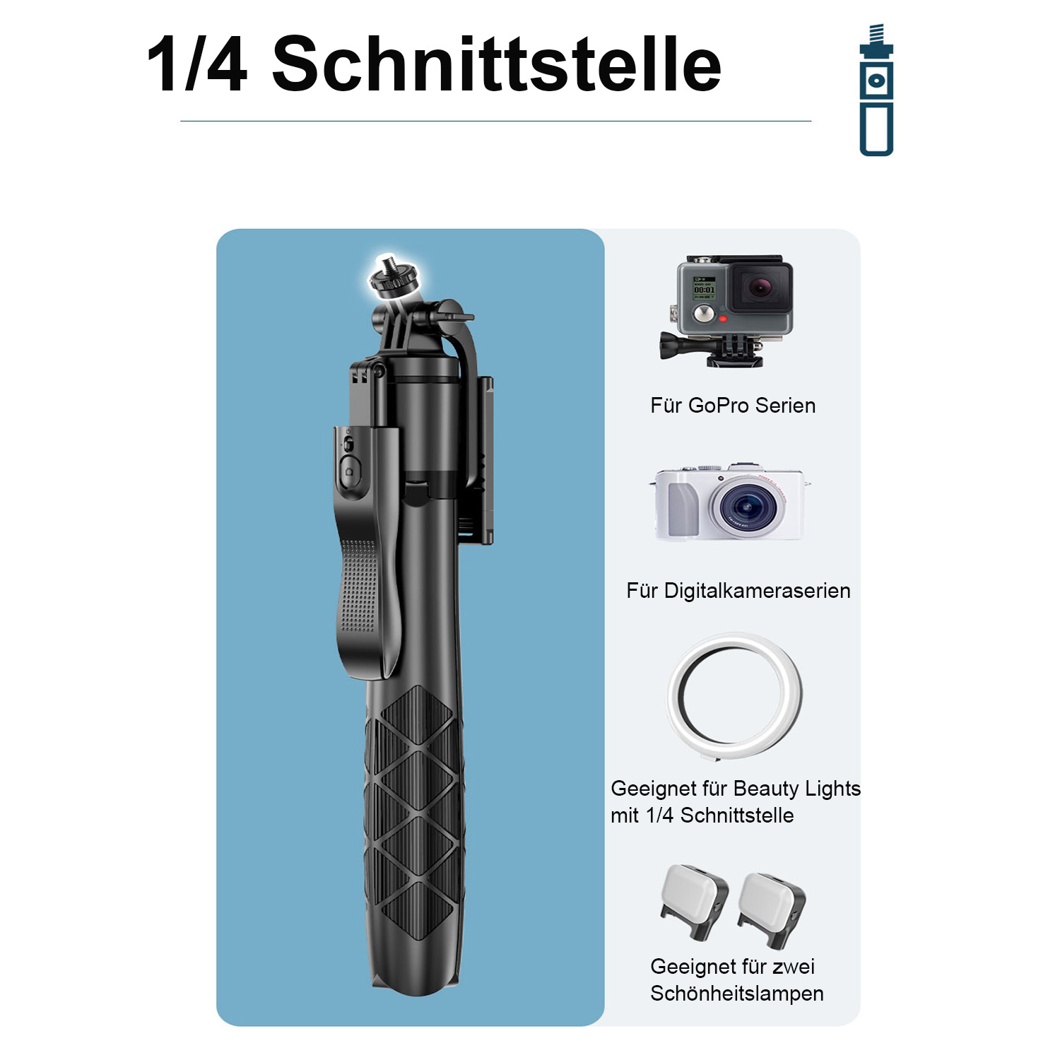 Schwarz ausziehbarer Selfie-Stick mit 1/4 Zoll Gewinde, zeigt GoPro, Kamera, Ringlicht