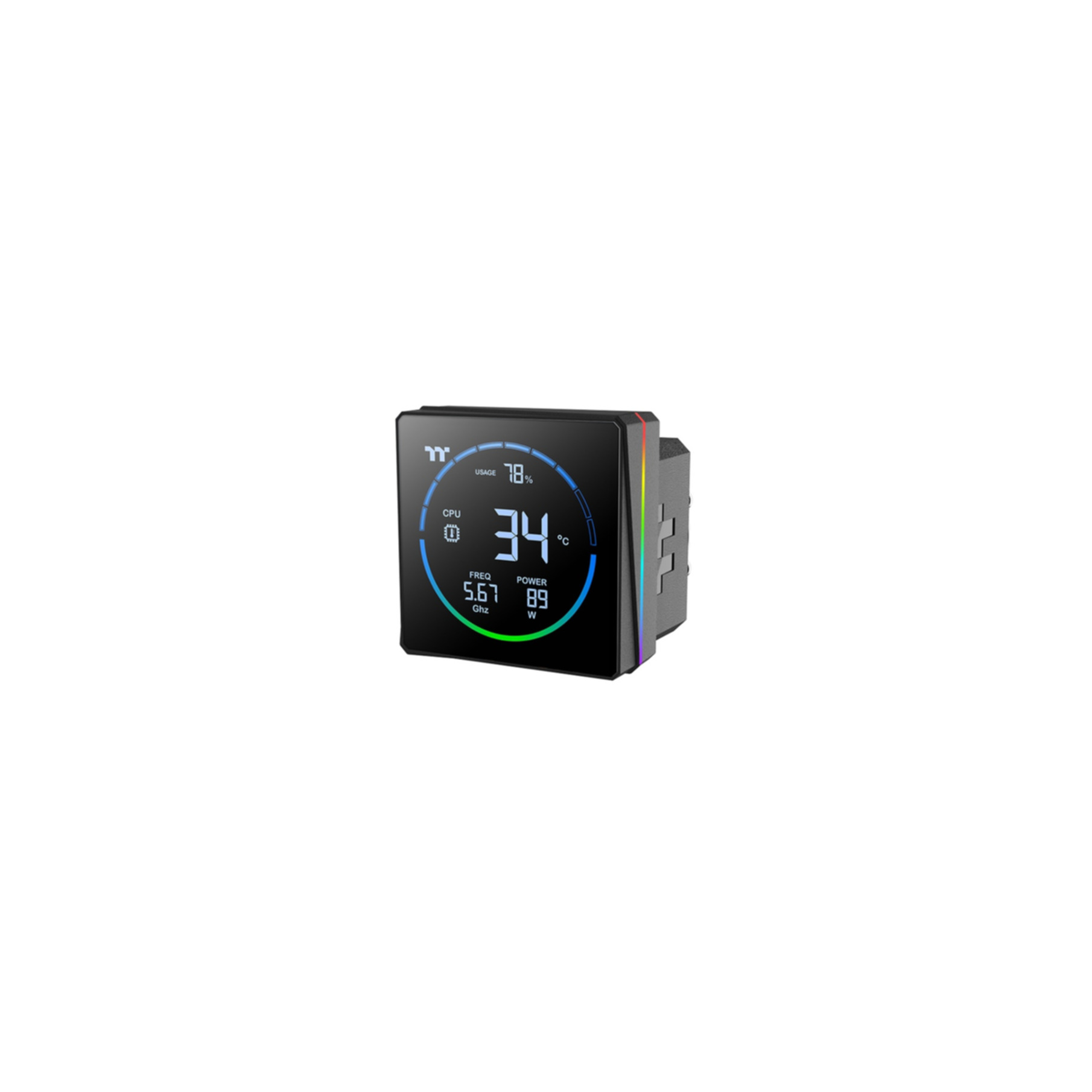 Un módulo de refrigeración negro con pantalla digital muestra 34°C, 78% uso, 5.67 Ghz y 89W.