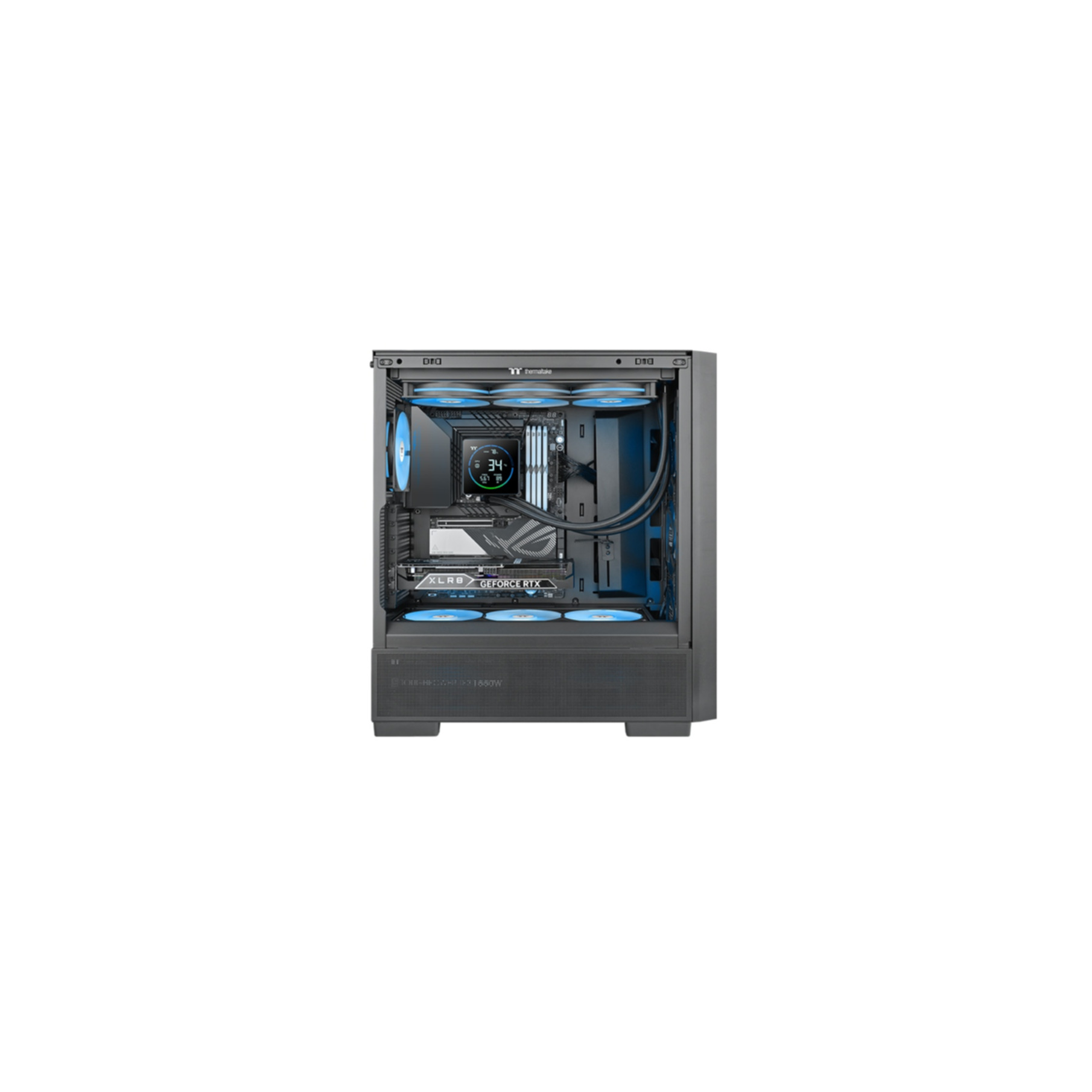 Una caja de PC abierta con ventiladores azules, refrigerador de CPU y tarjeta gráfica.