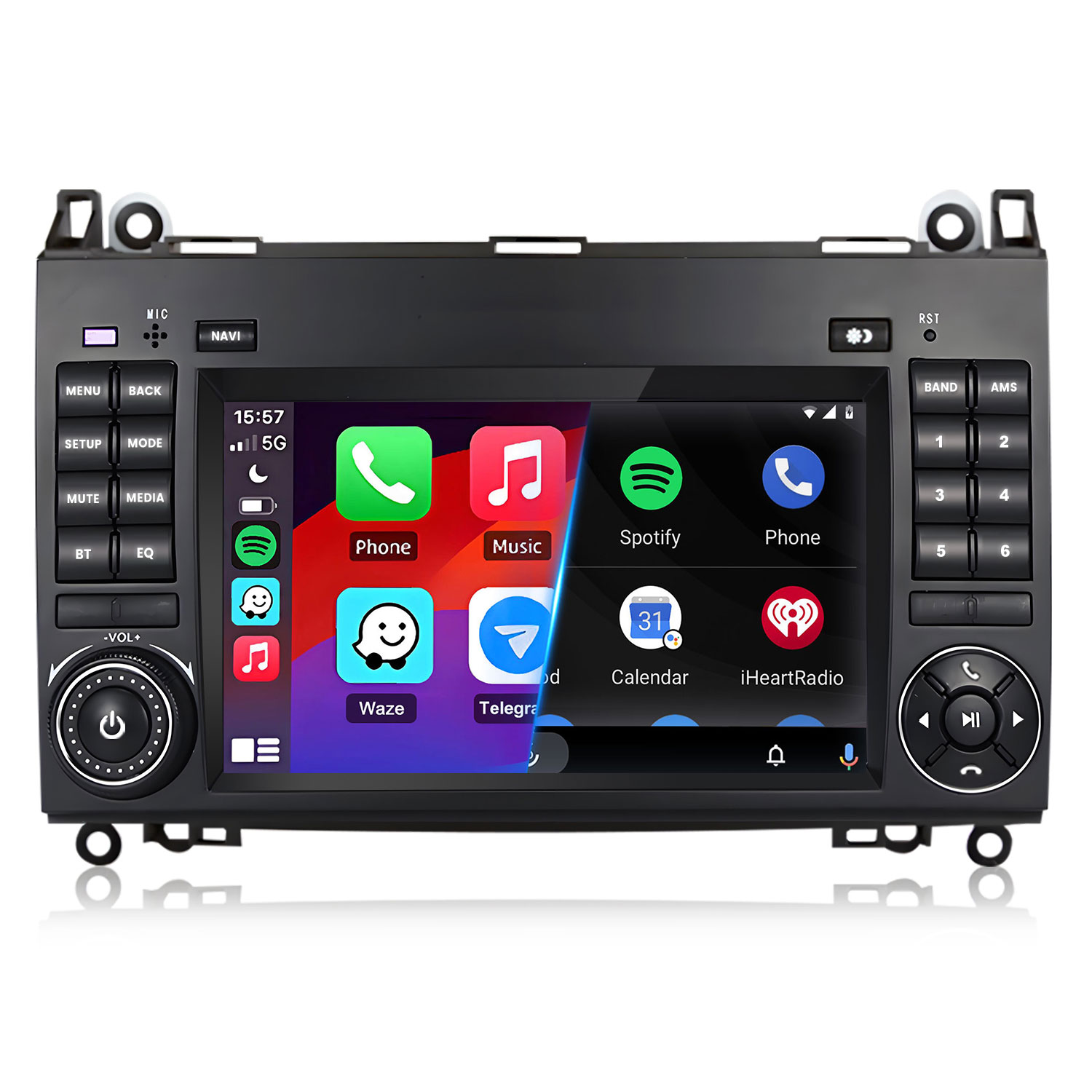 Ein Infotainmentsystem für Autos mit Touchscreen und Symbolen für Telefon, Musik und Navigation.