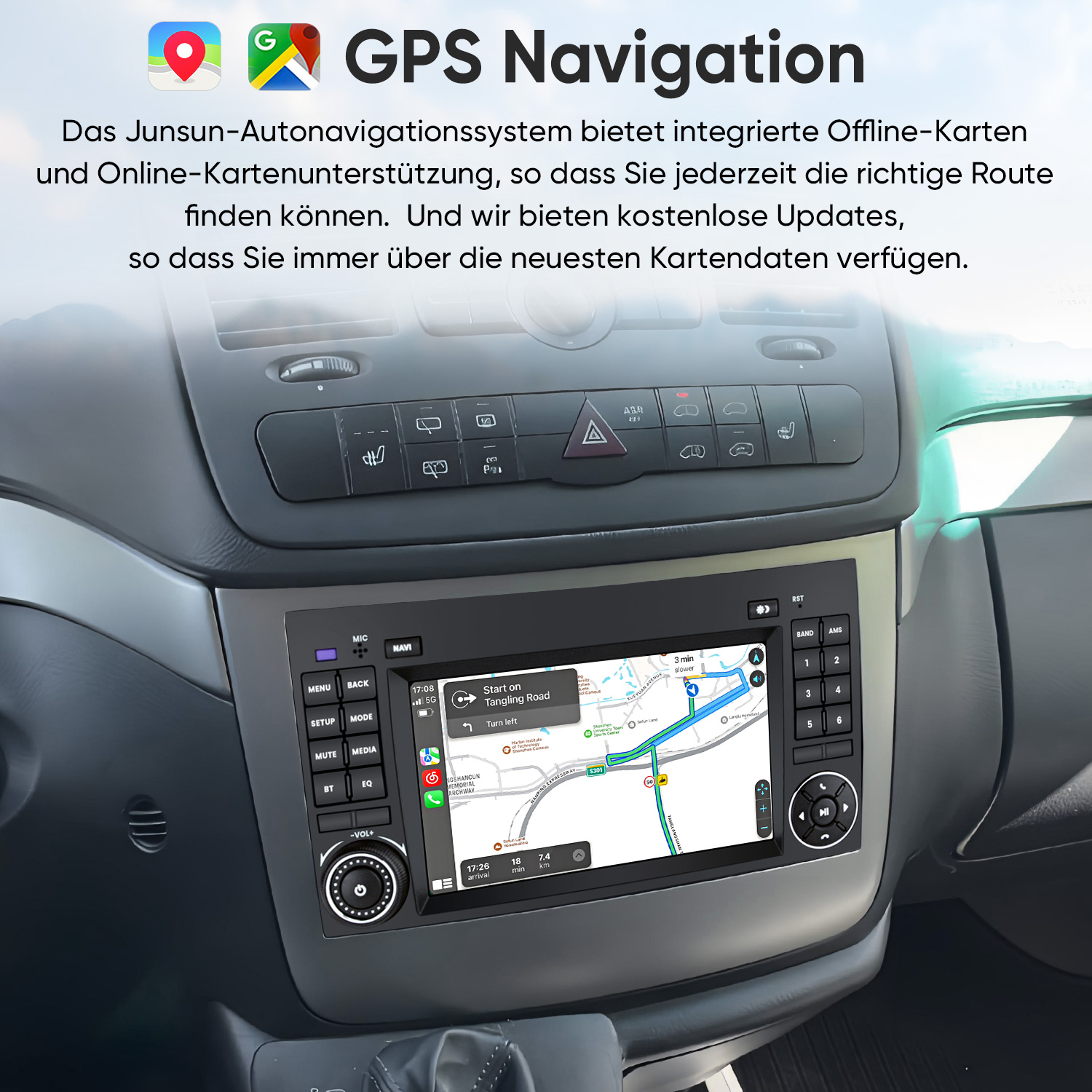 GPS-Navigationssystem in einem Auto mit Kartenanzeige und Bedienelementen.