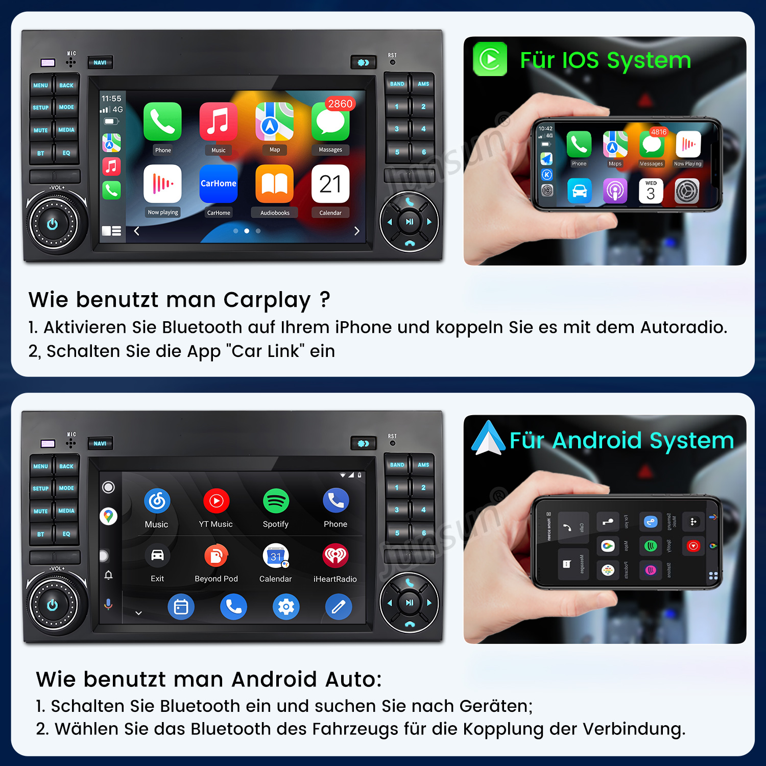 Zwei Bildschirme zeigen Smartphone-Integration in Autos: iOS und Android.
