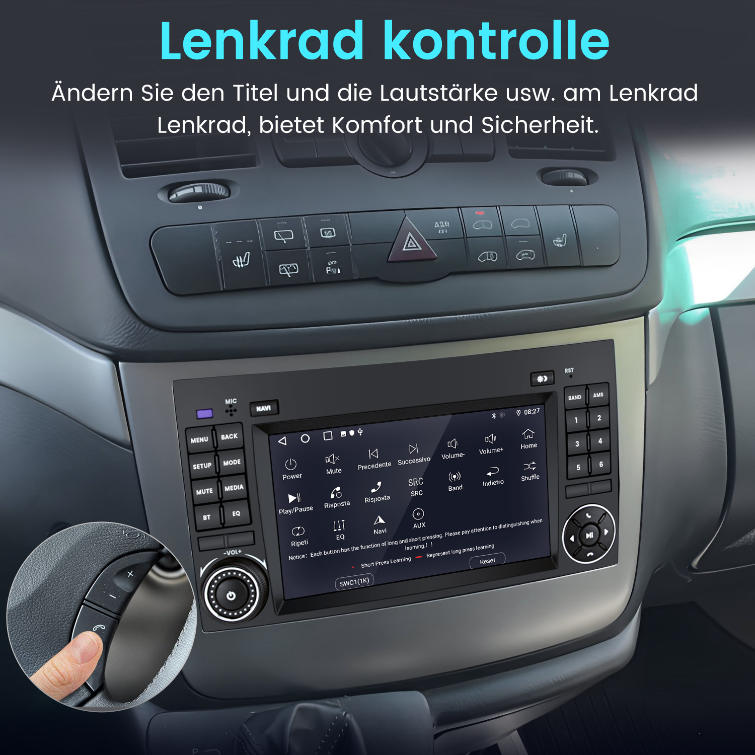 Ein Armaturenbrett mit einem Touchscreen-Radio und Lenkradtasten.