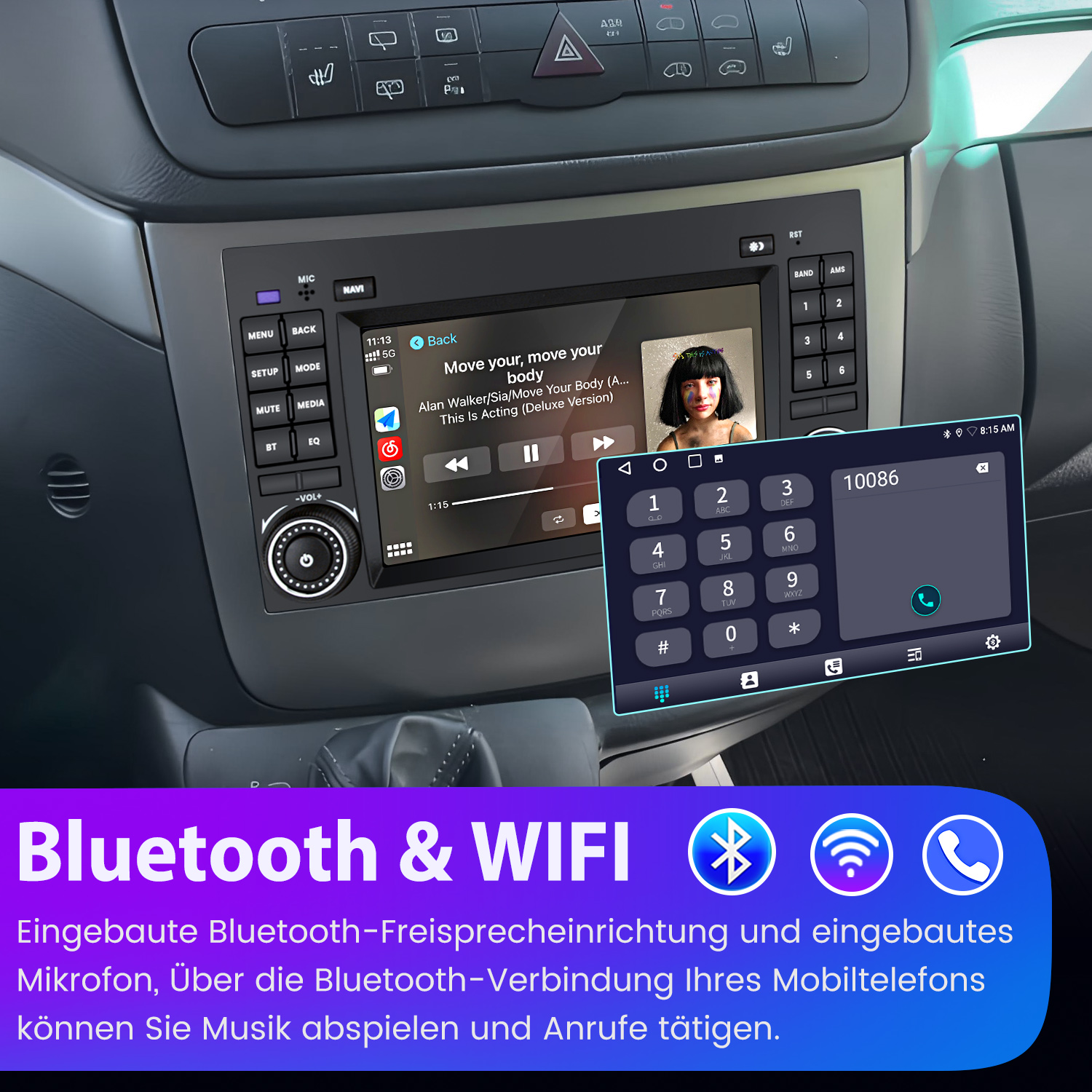 Ein Autoradio mit Touchscreen zeigt Musik und Wähltastatur. Unten stehen Bluetooth & WIFI Symbole.