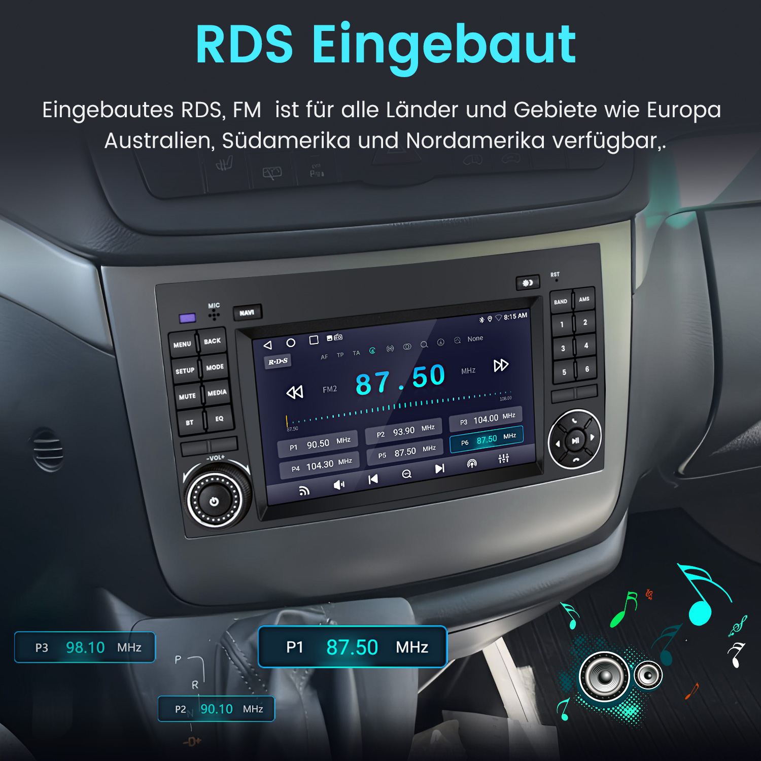 Autoinnenraum mit RDS-Radio, das 87.50 MHz anzeigt. Musiknoten schweben.