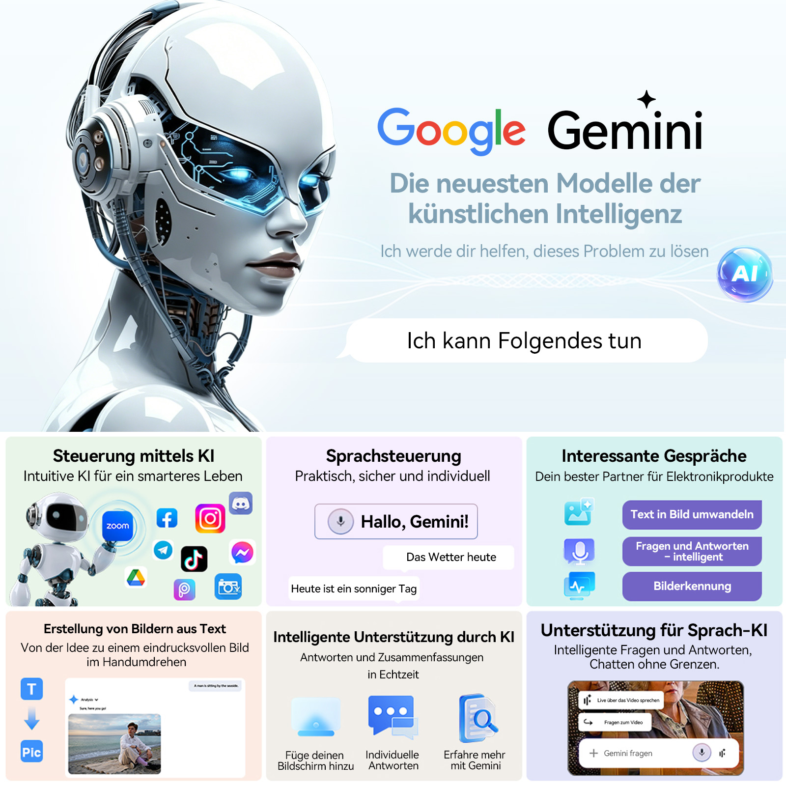 KI-Roboter neben Google Gemini Logo. KI-Funktionen werden aufgelistet.