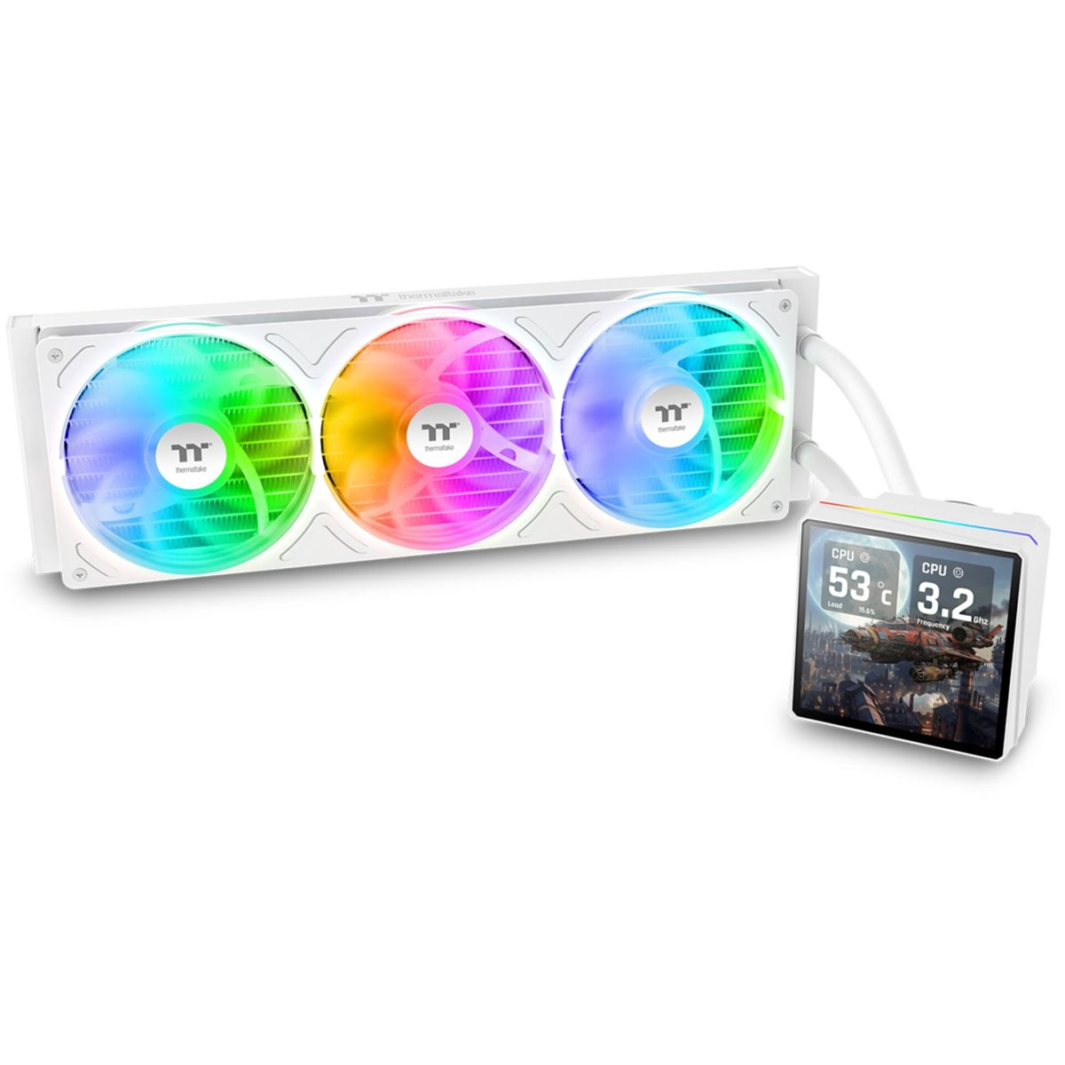 Un raffreddatore per PC bianco con tre ventole RGB e un piccolo schermo.