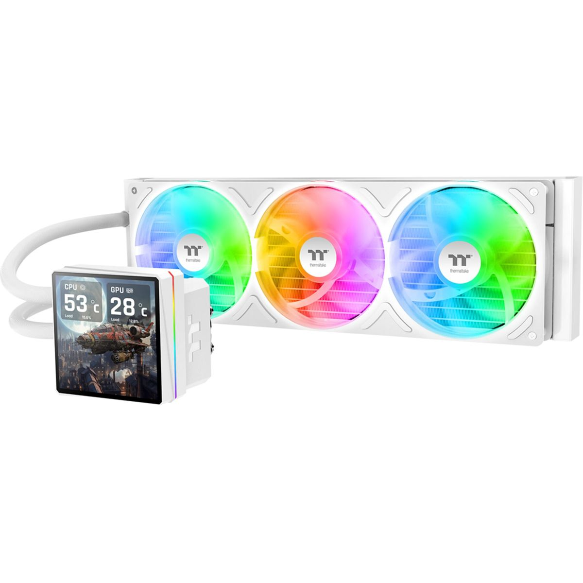 Een witte CPU-koeler met drie RGB-ventilatoren en een klein scherm.