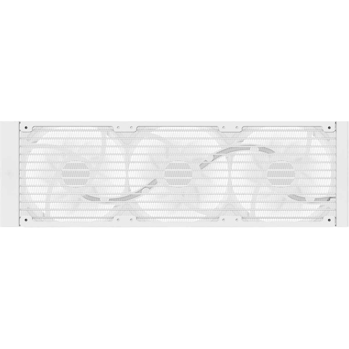 Een witte radiator met drie ventilatoren, van bovenaf gezien.