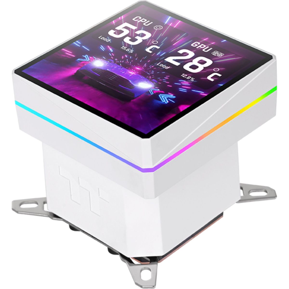 Witte CPU-koeler met scherm, auto-afbeelding, CPU 53C, GPU 28C. RGB-verlichting.