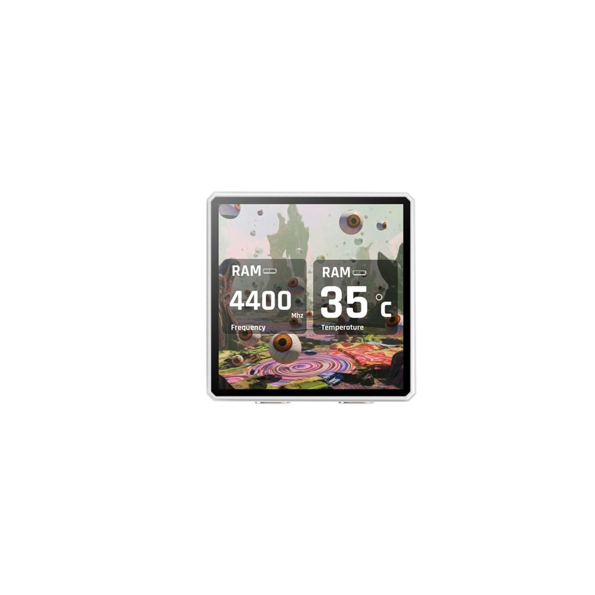 Digitaal display toont RAM: 4400 Mhz en Temp: 35 C. Surrealistische kunstachtergrond.