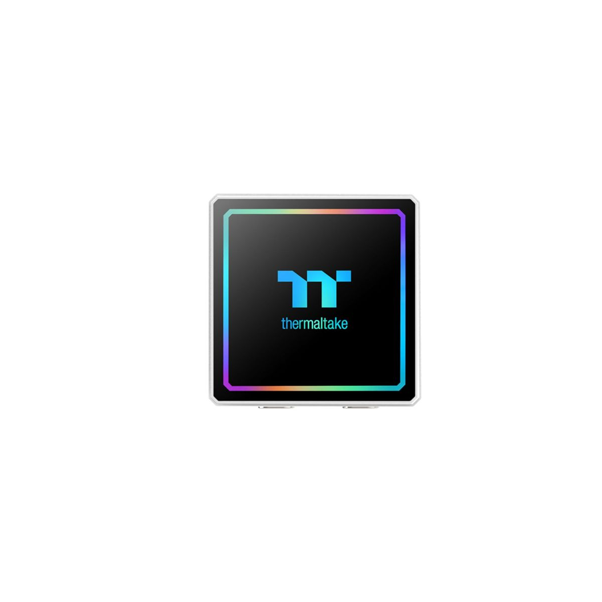 Ein schwarzer Würfel mit dem Thermaltake-Logo und RGB-Beleuchtung.